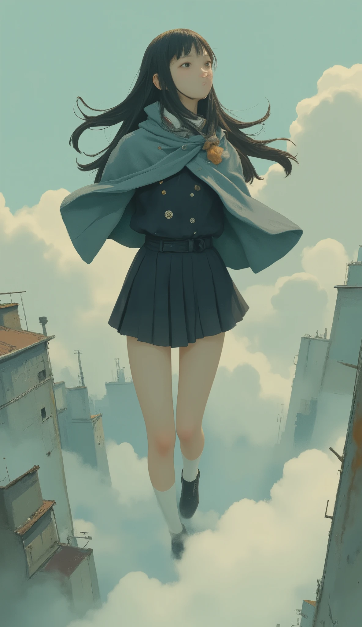 taken from above、High school girl、Flying like an American hero、High school girl flying at high speed、action scene、Japanese high school girl uniform、High above the clouds 、reality、anatomically correct、