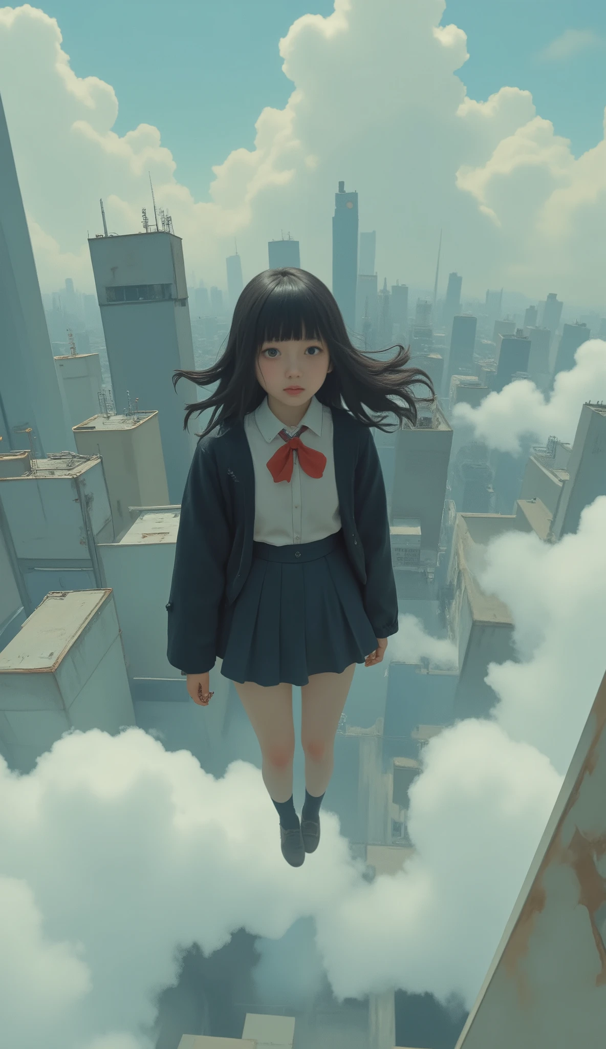 taken from above、High school girl、Flying like an American hero、High school girl flying at high speed、action scene、Japanese high school girl uniform、High above the clouds 、reality、anatomically correct、
