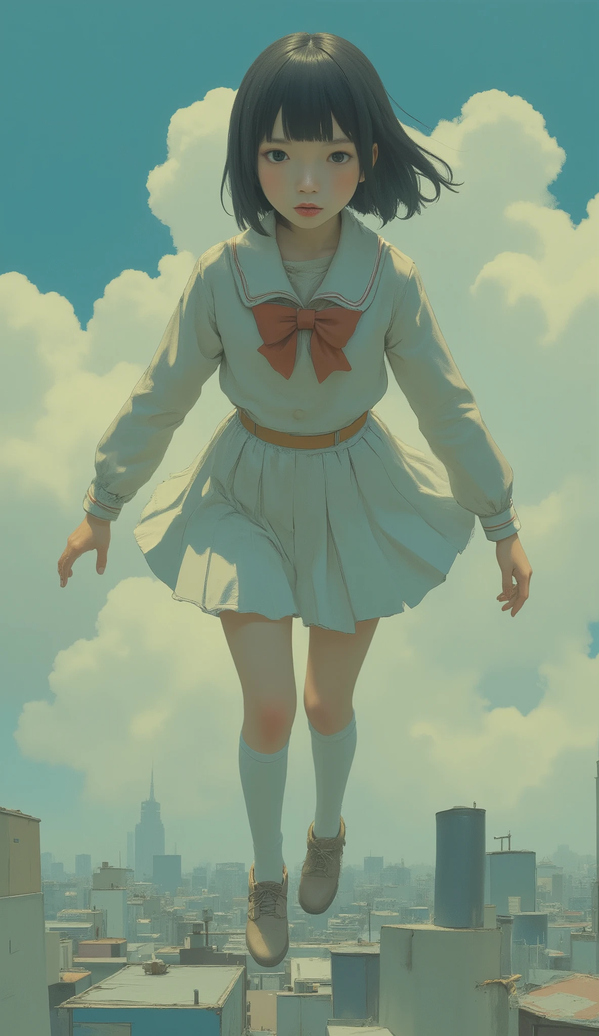 taken from above、High school girl、Flying like an American hero、High school girl flying at high speed、action scene、Japanese high school girl uniform、High above the clouds 、reality、anatomically correct、