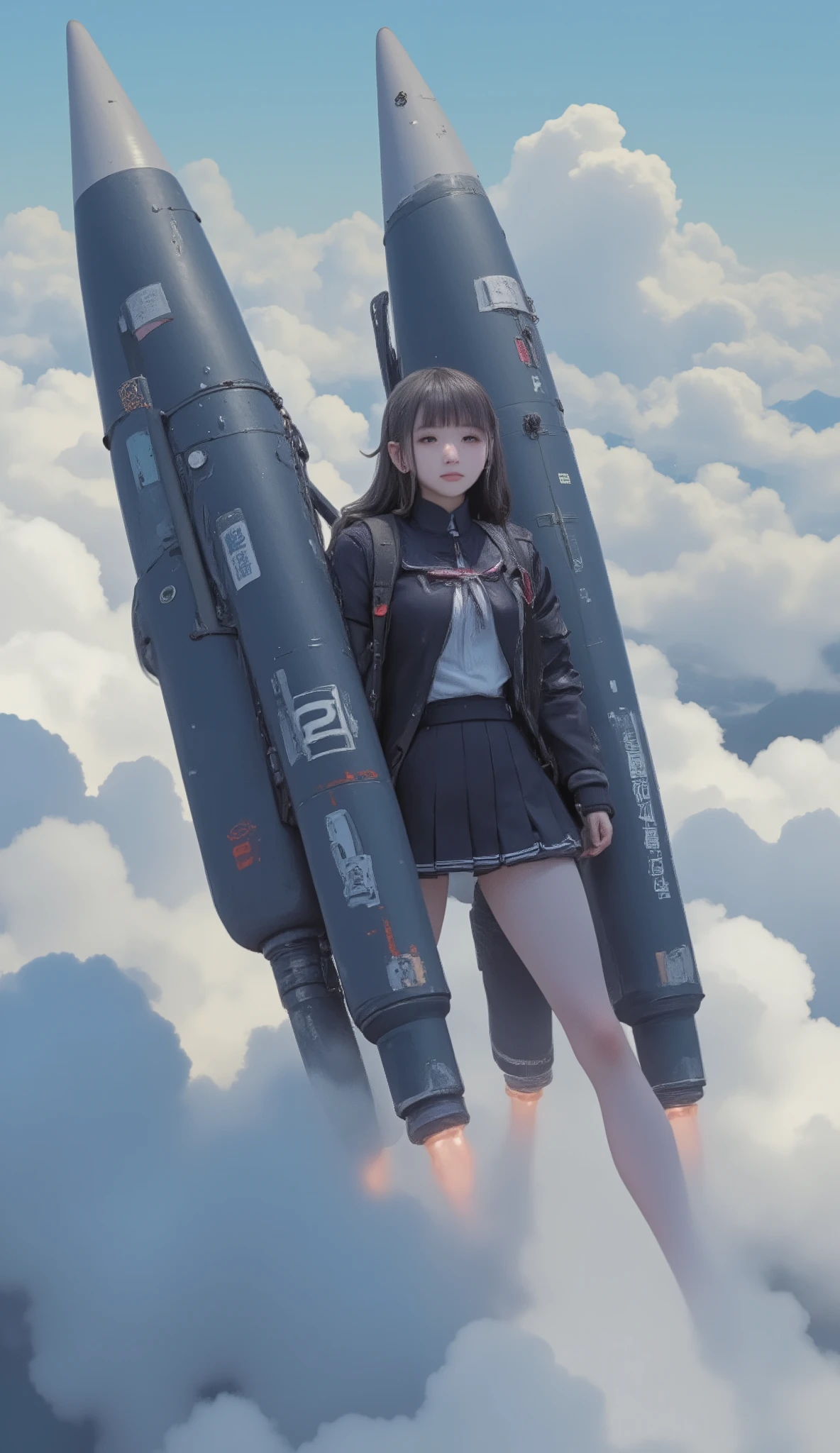 2high school girl carrying a flying backpack with large rocket engines、Flying like Superman、Flying at high speed through the stratosphere、action scene、Japanese high school girl uniform、High school girl carrying a flying backpack with、High above the clouds 、High school girl carrying a flying backpack with、reality、anatomically correct、I can see a jumbo jet flying below my eyes