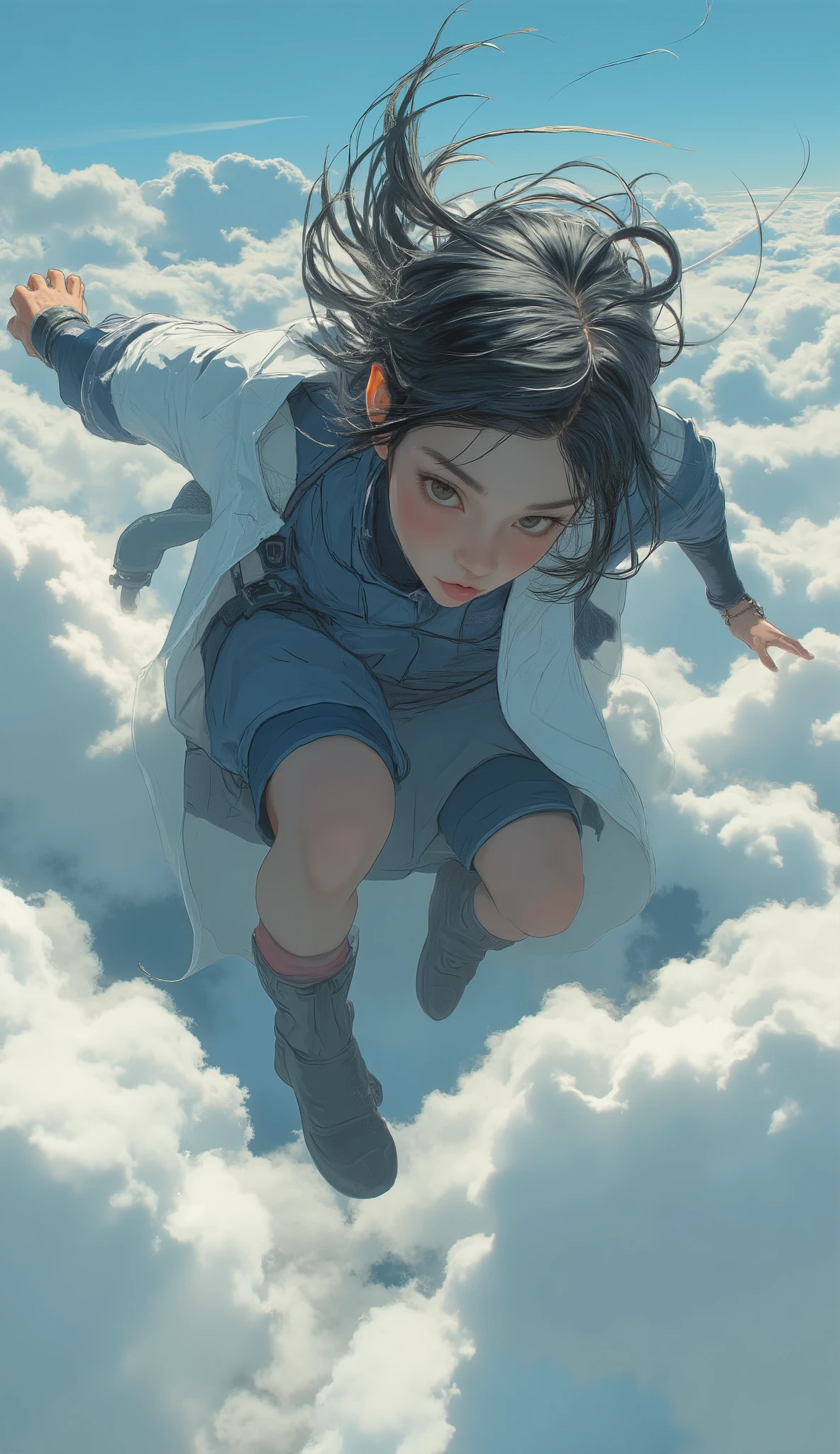 taken from above、High school girl、Flying like an American hero、High school girl flying at high speed、action scene、Japanese high school girl uniform、High above the clouds 、reality、anatomically correct、