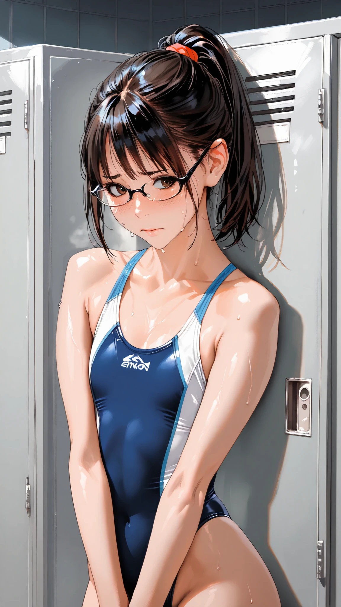 maori ricks, eclipsing, masterpiece, and high precision, high image quality, Sunf, solo, high school students, look away, boston glasses, Cowardly, anxiety, Puzzled, Honor student, ponytail, flat chest, , competitive swimsuit, is embarrassing, [Frightened, locker room, standing, V Arms, sweaty