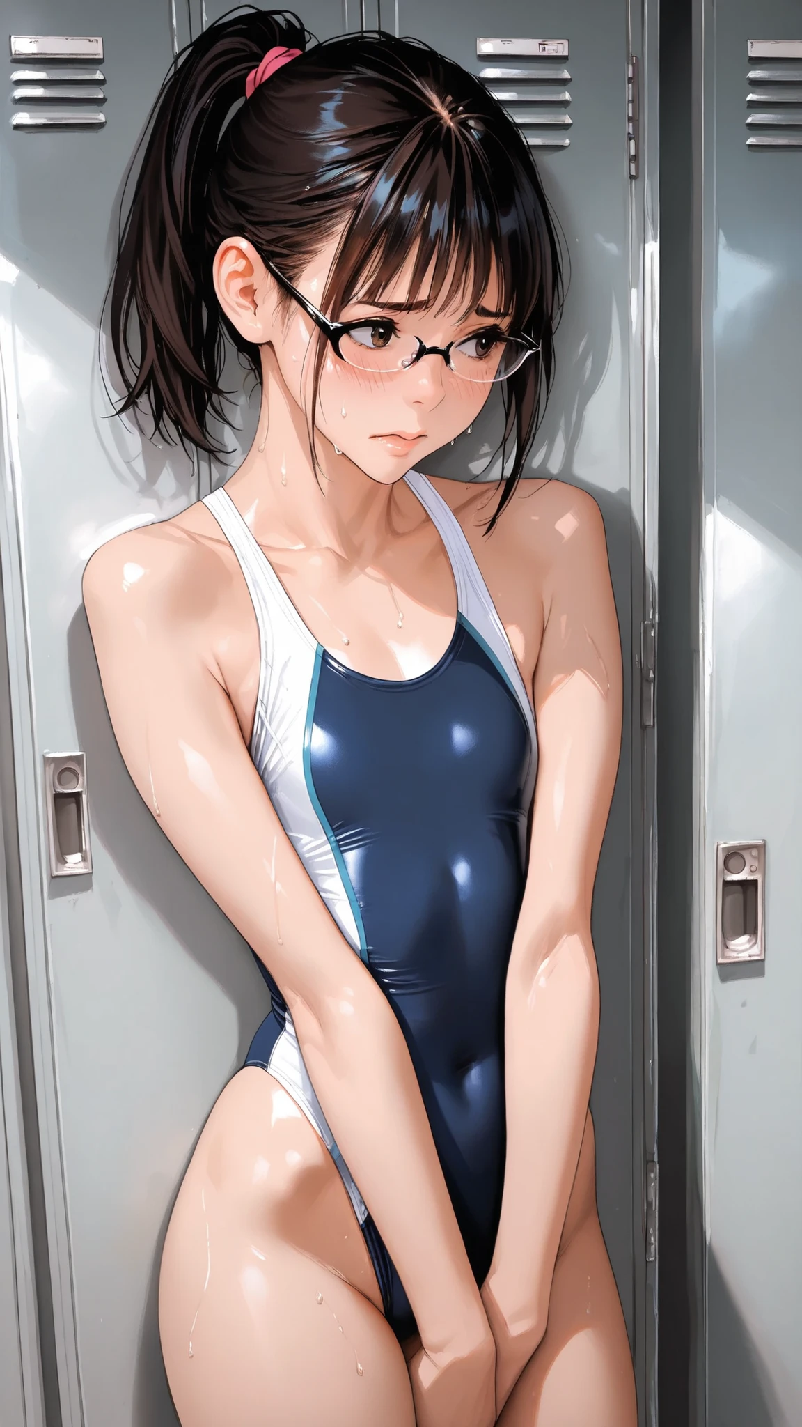 maori ricks, eclipsing, masterpiece, and high precision, high image quality, Sunf, solo, high school students, look away, boston glasses, Cowardly, anxiety, Puzzled, Honor student, ponytail, flat chest, , competitive swimsuit, is embarrassing, [Frightened, locker room, standing, V Arms, sweaty