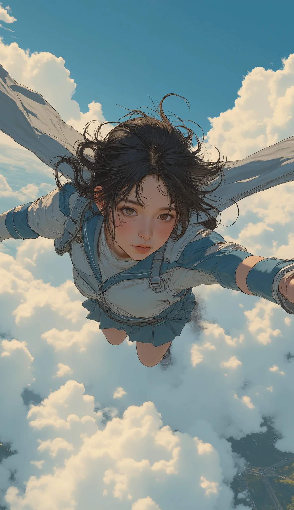 taken from above、High school girl、Flying like an American hero、High school girl flying at high speed、action scene、Japanese high school girl uniform、High above the clouds 、reality、anatomically correct、