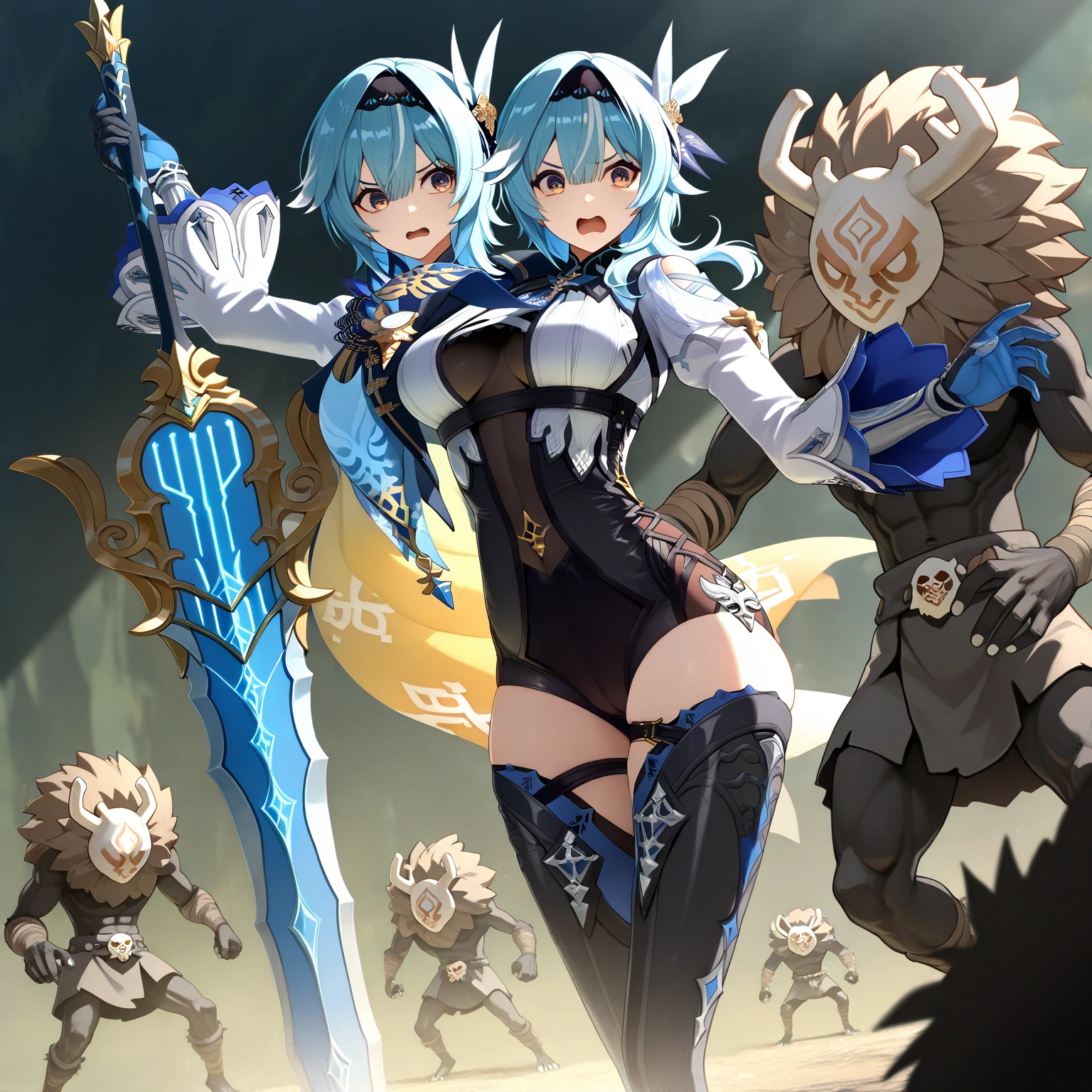 woman, hairy woman, wolf woman, full body portrait, full fur, magic fur, full tail, big tail, magic tail, magic hair, long hair, bushy hair, hair, hair with a brooch (gear shaped brooch ), almond-shaped eyes, blue eyes, shy smile, charming face, red cheek, long dress (dark blue color in steampunk style), worn tights, black tights, heeled shoe, steampunk shoe, background with steampunk city (a woman wolf this walk in the city), lots of people in the street