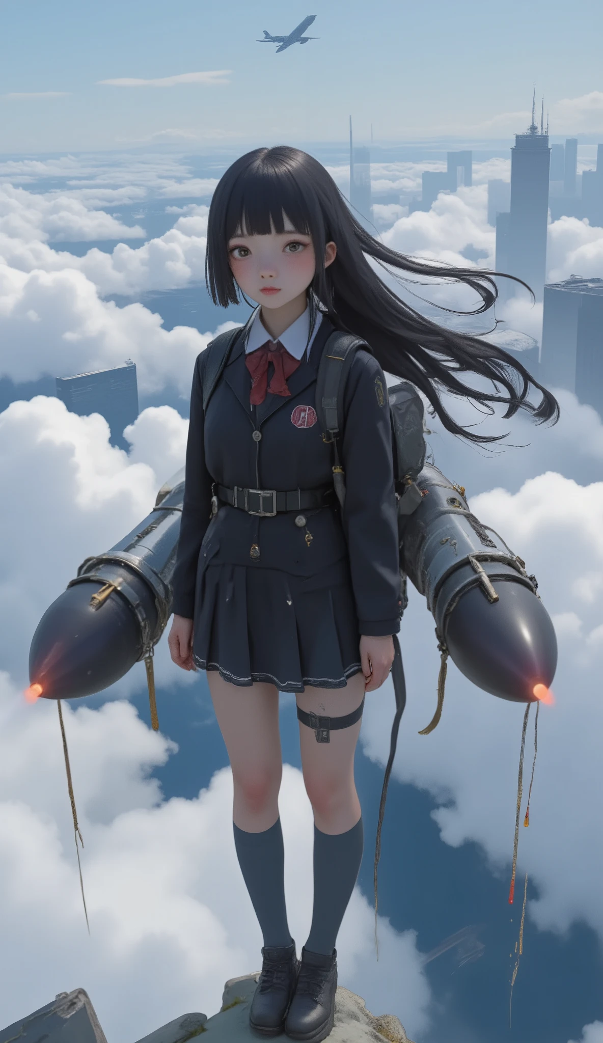 2large rocket engines while flying at high speed with a rocket engine、Flying like Superman、Flying at high speed through the stratosphere、action scene、Japanese high school girl uniform、High school girl carrying a flying backpack with、High above the clouds 、anatomically correct、I can see a jumbo jet flying below my eyes
