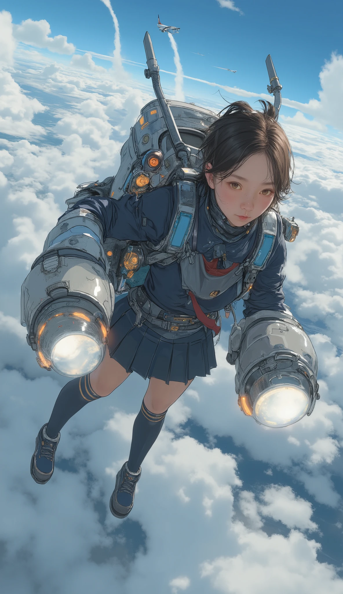 2large rocket engines while flying at high speed with a rocket engine、Flying like Superman、Flying at high speed through the stratosphere、action scene、Japanese high school girl uniform、High school girl carrying a flying backpack with、High above the clouds 、anatomically correct、I can see a jumbo jet flying below my eyes