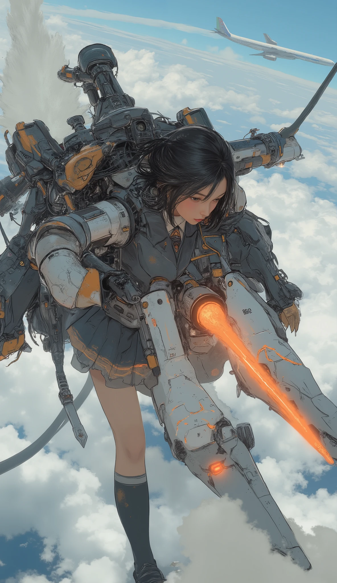 2large rocket engines while flying at high speed with a rocket engine、Flying like Superman、Flying at high speed through the stratosphere、action scene、Japanese high school girl uniform、High school girl carrying a flying backpack with、High above the clouds 、anatomically correct、I can see a jumbo jet flying below my eyes