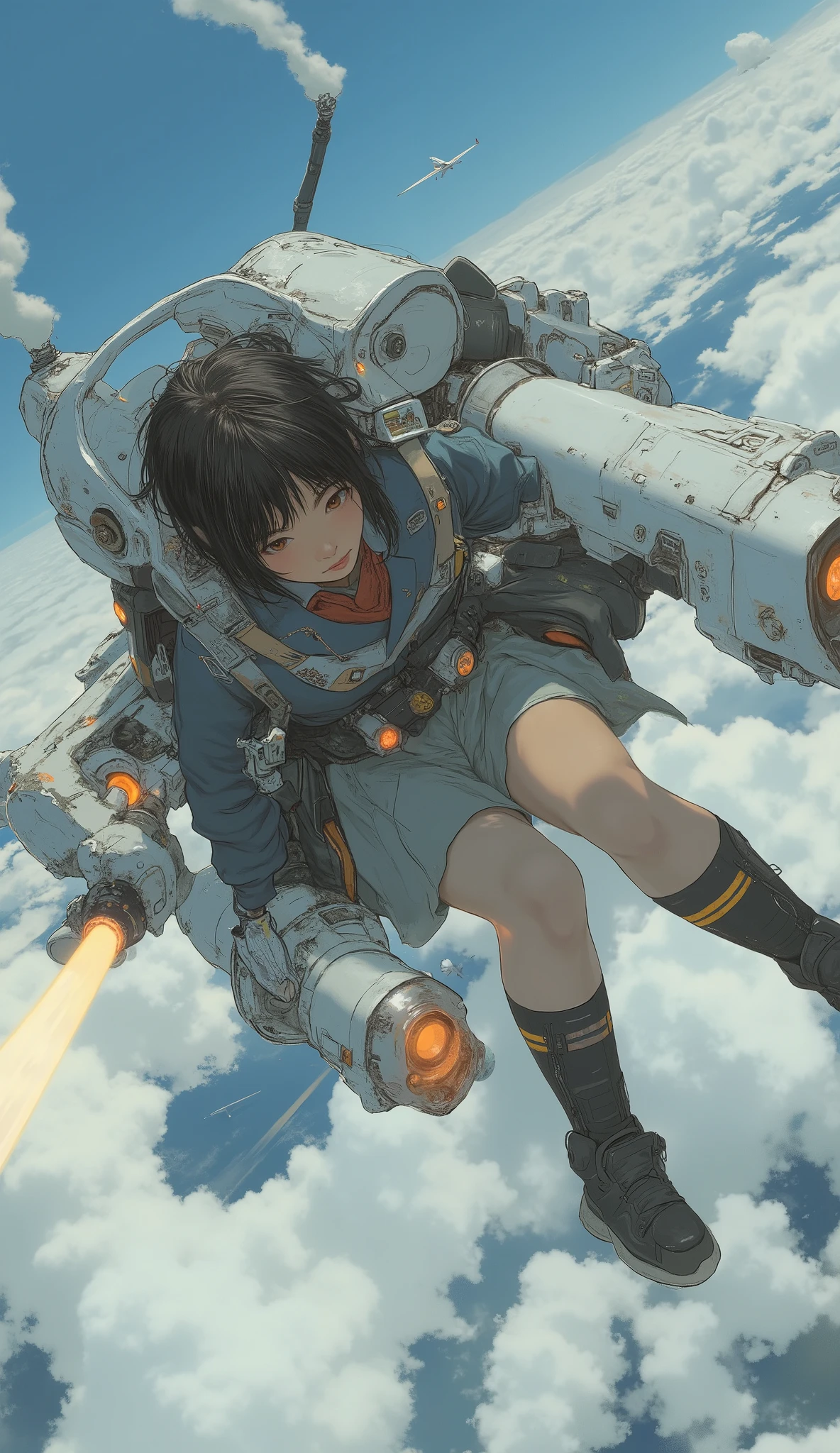 2large rocket engines while flying at high speed with a rocket engine、Flying like Superman、Flying at high speed through the stratosphere、action scene、Japanese high school girl uniform、High school girl carrying a flying backpack with、High above the clouds 、anatomically correct、I can see a jumbo jet flying below my eyes