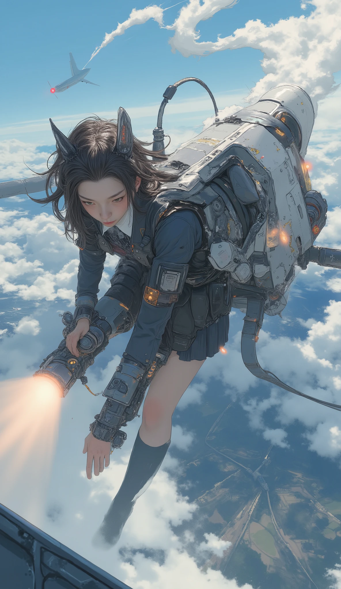2large rocket engines while flying at high speed with a rocket engine、Flying like Superman、Flying at high speed through the stratosphere、action scene、Japanese high school girl uniform、High school girl carrying a flying backpack with、High above the clouds 、anatomically correct、I can see a jumbo jet flying below my eyes