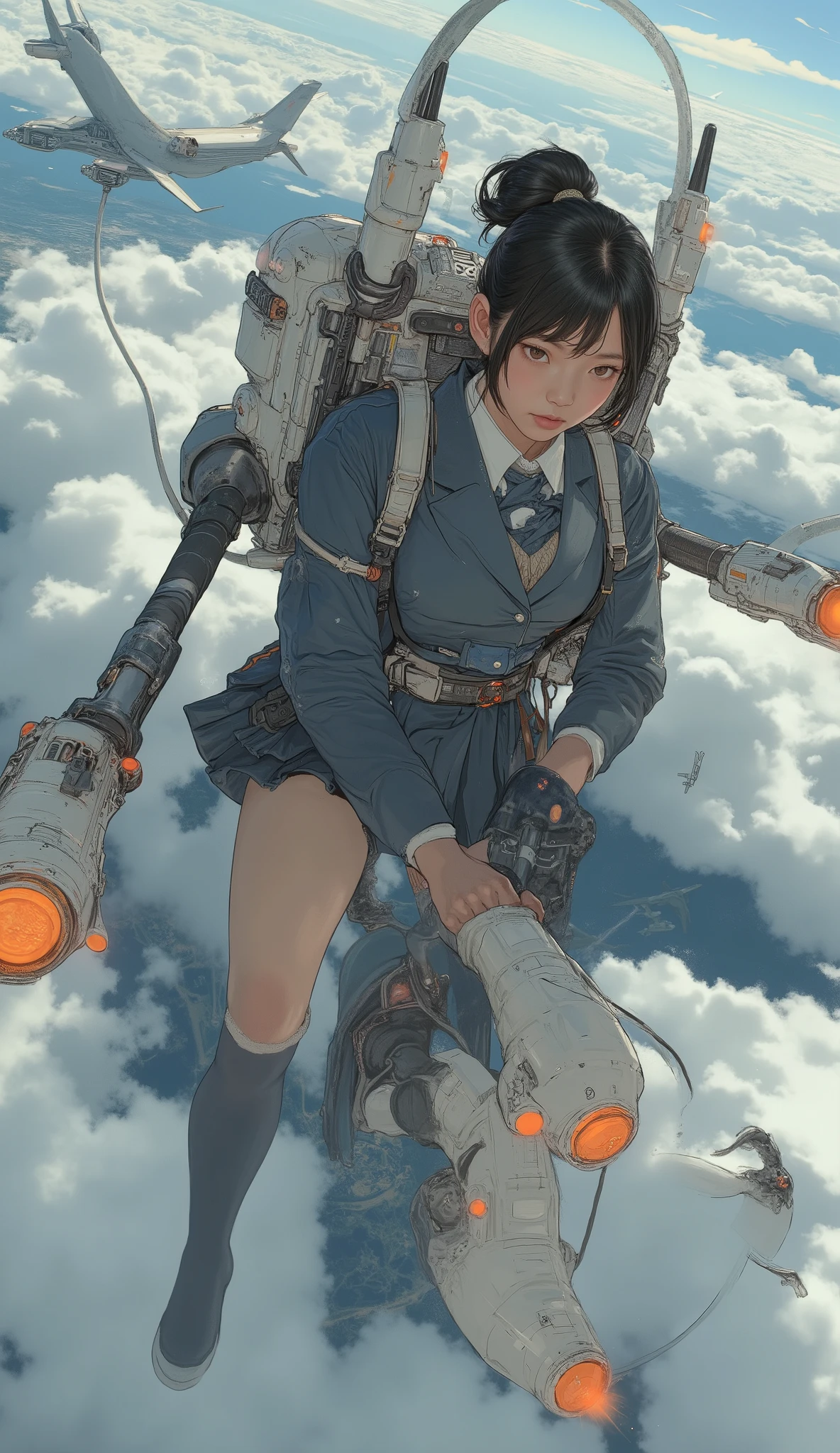 2high school girl carrying a flying backpack with large rocket engines、Flying like Superman、Flying at high speed through the stratosphere、action scene、Japanese high school girl uniform、High school girl carrying a flying backpack with、High above the clouds 、anatomically correct、I can see a jumbo jet flying below my eyes