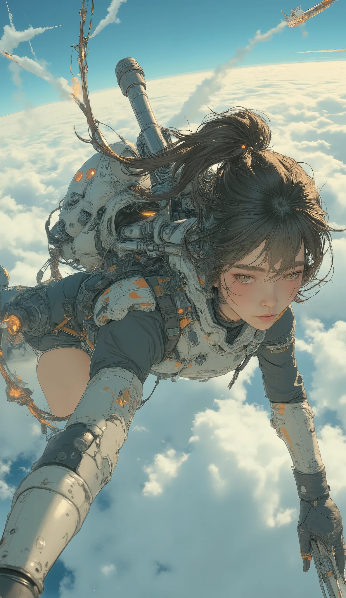 2large rocket engines while flying at high speed with a rocket engine、Flying like Superman、Flying at high speed through the stratosphere、action scene、Japanese high school girl uniform、High school girl carrying a flying backpack with、High above the clouds 、anatomically correct、
