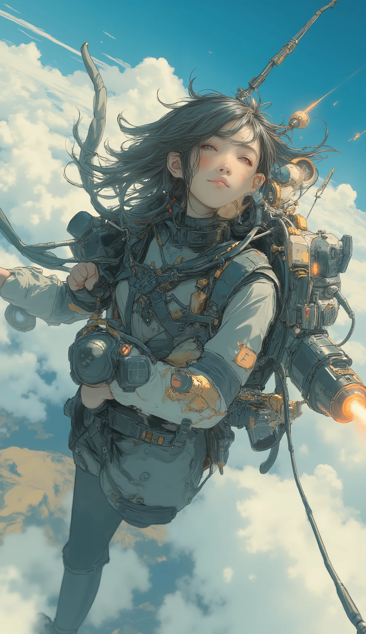 2high school girl carrying a flying backpack with large rocket engines、Flying like Superman、Flying at high speed through the stratosphere、action scene、Japanese high school girl uniform、High school girl carrying a flying backpack with、High above the clouds 、anatomically correct、