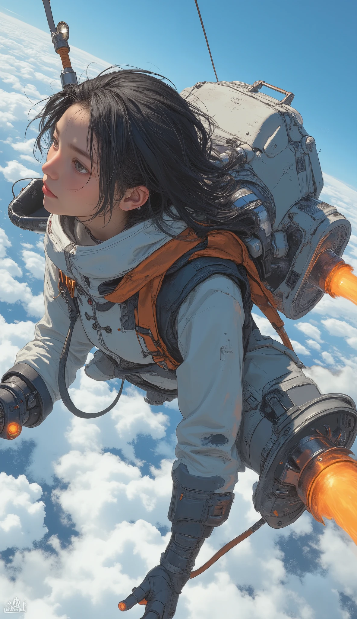 ２large rocket engines while flying at high speed with a rocket engine、Flying like Superman、Flying at high speed through the stratosphere、action scene、Japanese high school girl uniform、High school girl carrying a flying backpack with、High above the clouds 、anatomically correct、