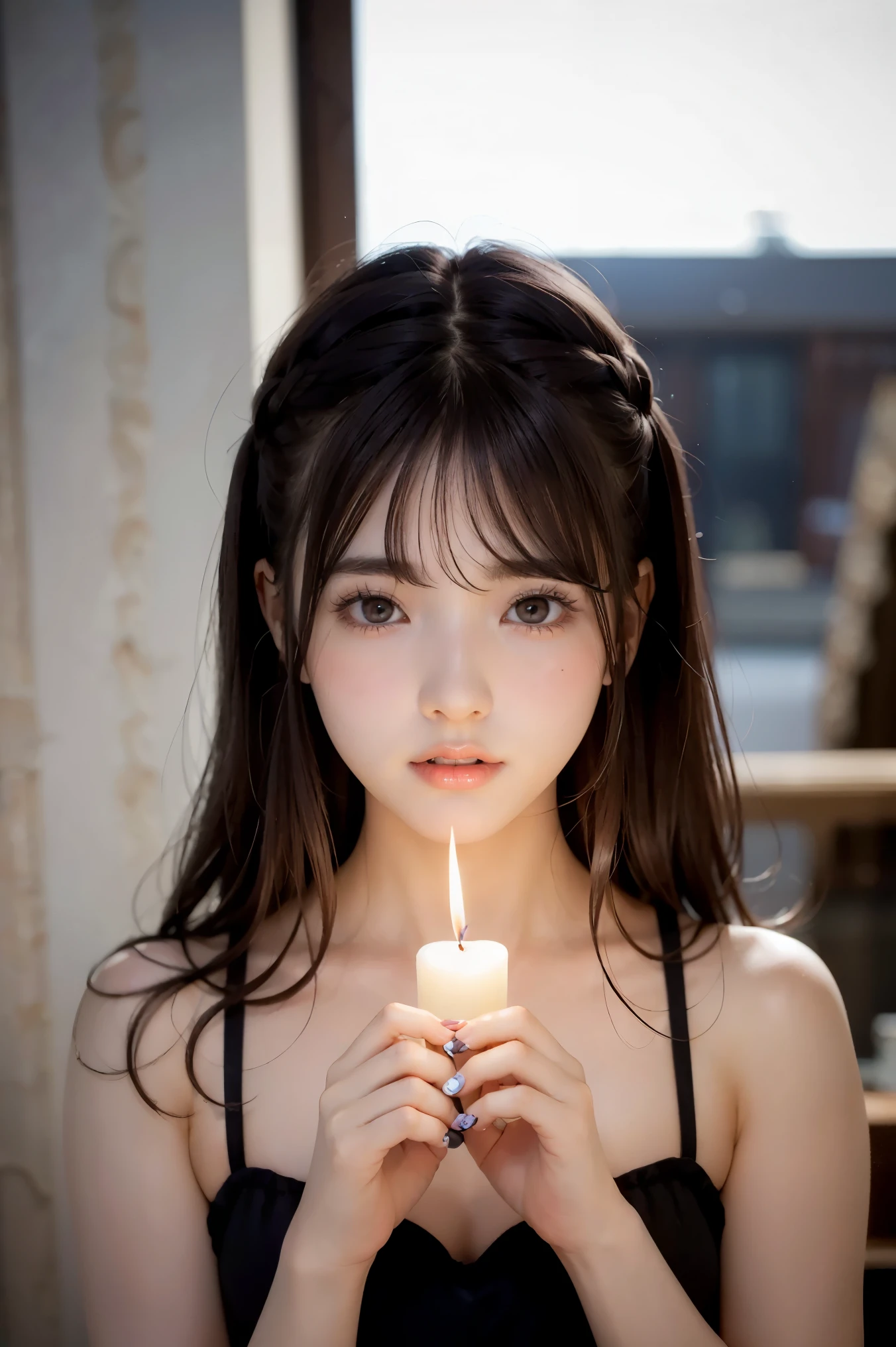(masterpiece), (8k、Original Work 、high quality:1.2),(realistic:1.37,(perfect anatomy),(give me a close-up picture of a beautiful woman's face:1.8)、woman lighting a candle in the dark:1.6、masterpiece, 最high quality, contrast:1.2)、( dark hair、Dark Eyes:1.8)、Slim Japanese Women,黒い髪, black dress, slender body,cute young girl, beautiful teen model , long hair,(The background is in ruins :1.6)、Dark building due to power outage、only candlelight、face illuminated by candlelight