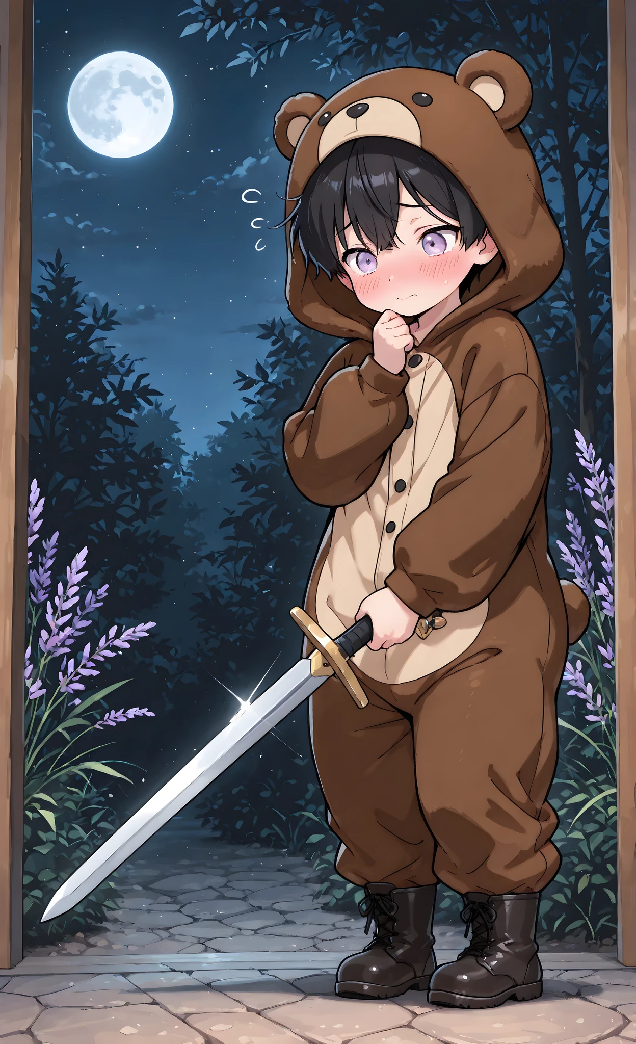 Kuma, masterpiece, best quality, ultra-detailed:1.3, chibi style, male, 1boy, solo, short black hair, lavender eyes, wearing brown bear onesie, bear hood, black boots, holding sword, standing under moon, blushing deeply, embarrassed expression, shy pose, night scene, peaceful atmosphere