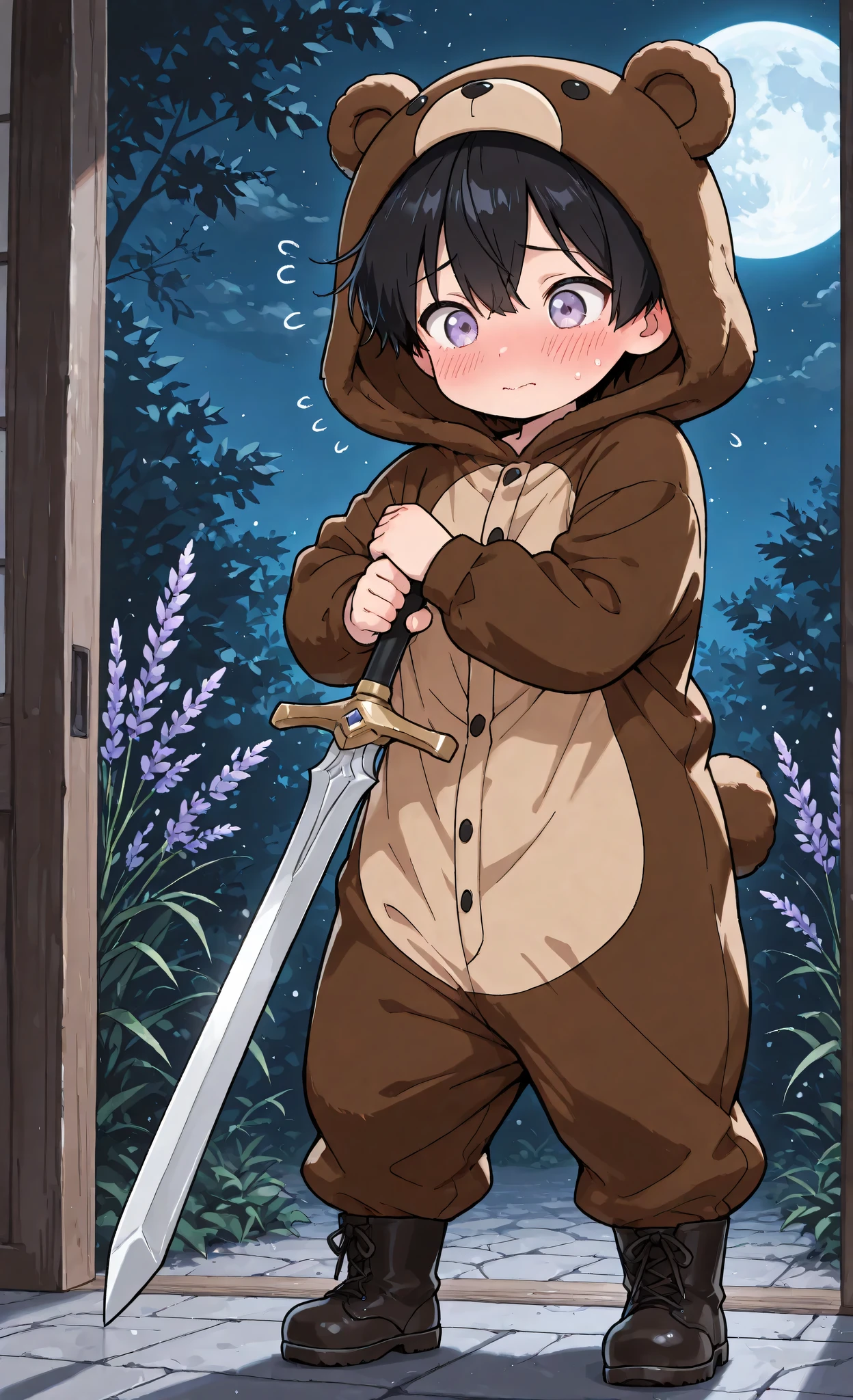 Kuma, masterpiece, best quality, ultra-detailed:1.3, chibi style, male, 1boy, solo, short black hair, lavender eyes, wearing brown bear onesie, bear hood, black boots, holding sword, standing under moon, blushing deeply, embarrassed expression, shy pose, night scene, peaceful atmosphere