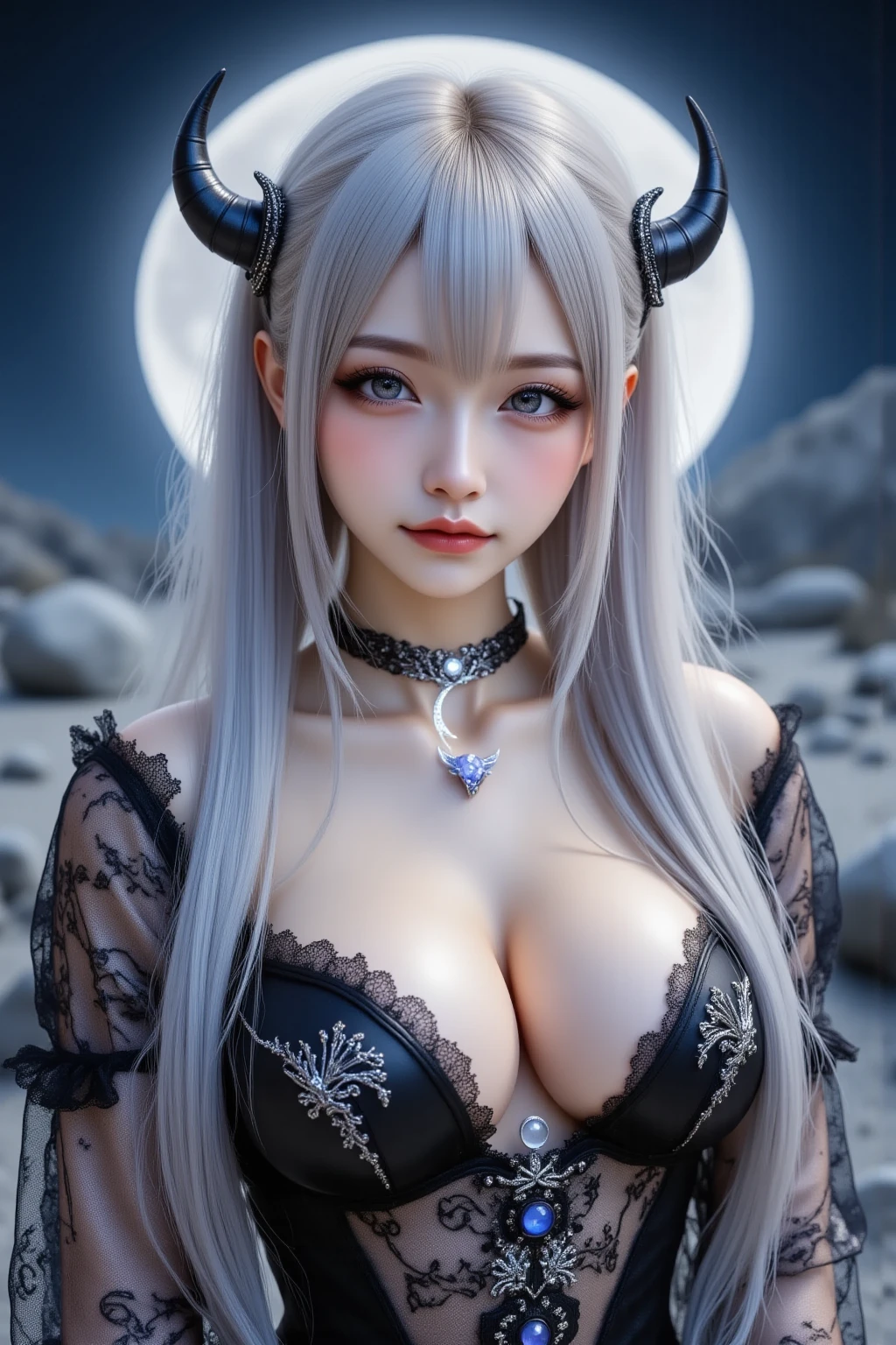 In a masterful display of artistic prowess, Lucifer from Helltaker emerges as the focal point of a hyper-realistic 8K human portrait. Clad in a formal suit featuring a striking red shirt, black pants, and a matching black necktie, she commands attention with her serene expression and captivating smile, her gaze fixed directly upon the viewer. She has the face of ((https://images.fineartamerica.com/images/artworkimages/mediumlarge/3/1-gorgeous-blonde-with-big-breasts-mihai-b.jpg)). Her eyes, almond-shaped and bewitching, mesmerize with their striking red crimson irises, framed by gracefully arched eyebrows and thick, voluminous lashes that curl upwards. Luxuriant waves of light-white hair cascade around her, catching the light in subtle platinum highlights, while her smooth, porcelain-like skin radiates a subtle glow, suggesting vitality and allure, an elegant mix of botanical and geometric patterns that enhance her already captivating presence. Her attire, a black dress and a choker around her neck, serves to underscore her beauty and sophistication. Standing tall and confident, Lucifer possesses very large bosoms, fitting into an I-sized cup, (mature female, milf:1.3). Rendered with meticulous attention to detail and realism, this portrait captures every nuance of Lucifer's appearance, from the delicate contours of her face to the subtle textures of her clothing and skin. Set against a deep matte black background, she stands as a timeless symbol of beauty and allure, her dynamic pose and perfect  drawing the viewer into her world. This high-resolution masterpiece transcends mere artistry, offering a glimpse into the depths of Lucifer's character and personality. With its cinematic composition and meticulous attention to detail, a true masterpiece in every sense of the world. full body. , heavy makeup, detailed Tokyo street , smile, white hair, blush, eyeliner, white lips. tight waist (45 cm). She has an european (dutch) like face.
