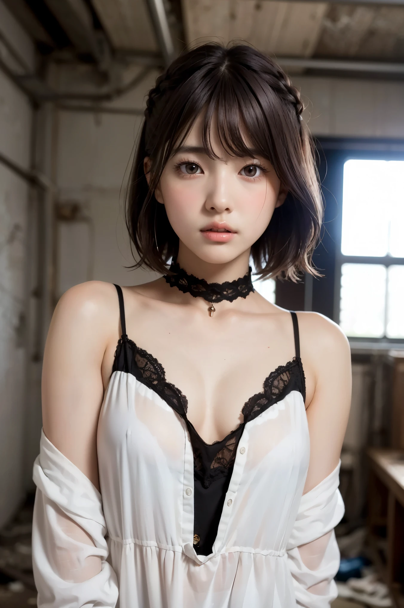 (masterpiece), (8k、Original Work 、high quality:1.2),(realistic:1.37,(perfect anatomy),(give me a close-up picture of a beautiful woman's face:1.8)、woman in black dress:1.6、masterpiece, 最high quality, contrast:1.2)、( dark hair、Dark Eyes:1.8)、Slim Japanese Women,黒い髪, Black Alchemist Clothes, slender body,cute young girl, beautiful teen model , short hair,(The background is inside an abandoned rocket:1.6)、inside a spaceship that seems to break even now、There are cracks in the wall、Windows are broken、