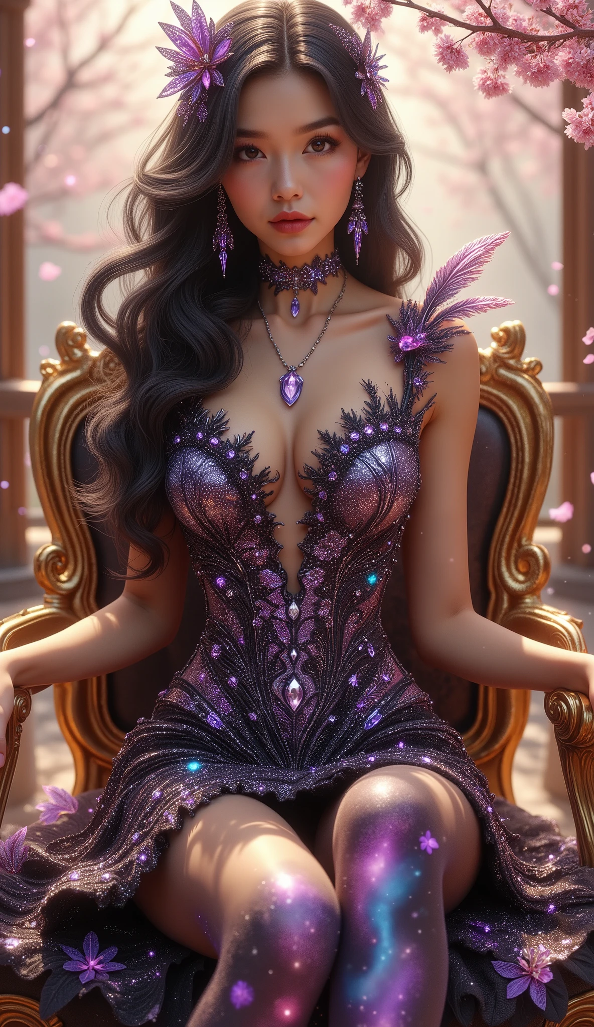Shot on below, 4K, hyper-detail, hyper-texture of clothing, a 17-year-old young Asian girl with a cute face with a sweet appearance and white skin, a tall body, a slim and small belly, a wide waist, a shiny body, a shiny costume, long and sexy muscular legs, and giant breasts. wearing a strapless metalic red spiral V-cut cotset dress with a deep cleavage with a galaxy pattern that reveals her navel, shaped by very tight black diamonds with intricate details, a ruffle micro mini skirt and black nylon stockings with sexy high blue lace with a galaxy pattern, the stockings reach her crotch, she also wears high-heeled stilettos and a high top with straps, purple high heels emit shining light from her feet, reminiscent of a fantasy style. This piece features intricate details, including sparkling blue gemstones and feather-like textures and flashes of blue light that adorn her tight dress. the shiny color of the dress adds to the fantasy feel, while her long black hair flows in waves over her shoulders. sitting in  wodden chair on the gold bridge studio shoot with a golden light and falling cherry blossoms in the background, purple gemstone and plant decorations a full body masterpiece, with backlight and shadow under her feet