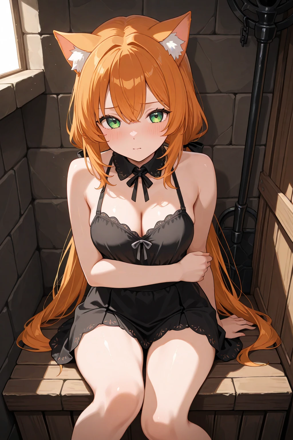 Change clothes for bunny suit, nilou (genshin impact), aquamarine eyes, nilou (genshin impact), fake horns, 1 girl, red hair, long hair, horns, bangs, two pigtails, split bangs, breasts, headpiece hair, low pigtails, small breasts, stomach, very long hair