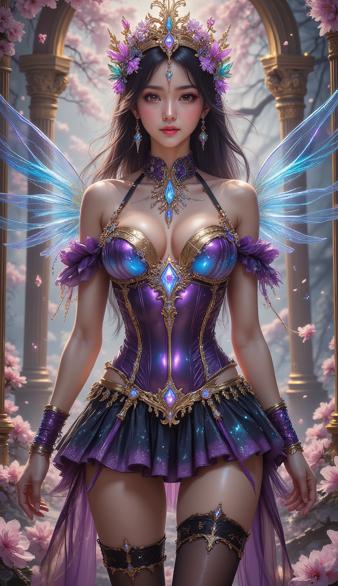 Taken from below, 4K, hyper-detail, hyper-texture of clothing, a 17-year-old young Asian girl with a cute face with a sweet appearance and white skin, a tall body, a slim and small belly, a wide waist, a shiny body, a shiny costume, long and sexy muscular legs, and giant breasts. wearing a strapless transparent  V-cut corset with a deep cleavage with a galaxy pattern that reveals her navel, shaped by very tight black diamonds with intricate details, a ruffle micro mini skirt and black nylon stockings with sexy high blue lace with a galaxy pattern, the stockings reach her crotch, she also wears high-heeled stilettos and a high top with straps, purple high heels emit shining light from her feet, reminiscent of a fantasy style. This piece features intricate details, including sparkling blue gemstones and feather-like textures and flashes of blue light that adorn her tight corset. the shiny color of the corset adds to the fantasy feel, while her long black hair flows in waves over her shoulders. Standing in a front chair in a studio shoot with a golden light and falling cherry blossoms in the background, purple gemstone and plant decorations a full body masterpiece, with backlight and shadow under her feet