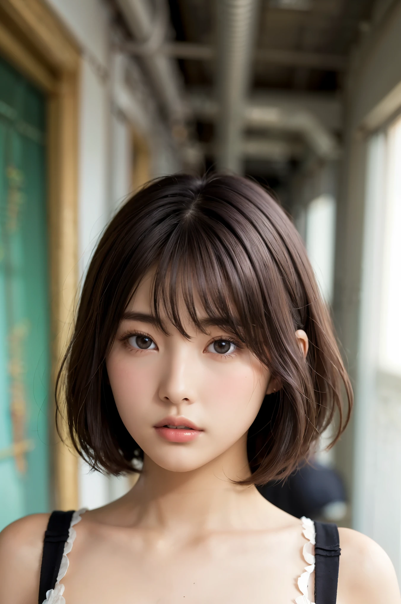 (masterpiece), (8k、Original Work 、high quality:1.2),(realistic:1.37,(perfect anatomy),(give me a close-up picture of a beautiful woman's face:1.8)、woman in black dress:1.6、masterpiece, 最high quality, contrast:1.2)、( dark hair、Dark Eyes:1.8)、Slim Japanese Women,黒い髪, Black Alchemist Clothes, slender body,cute young girl, beautiful teen model , short hair,bob cut、(The background is inside an abandoned rocket:1.6)、inside a spaceship that seems to break even now、There are cracks in the wall、Windows are broken、