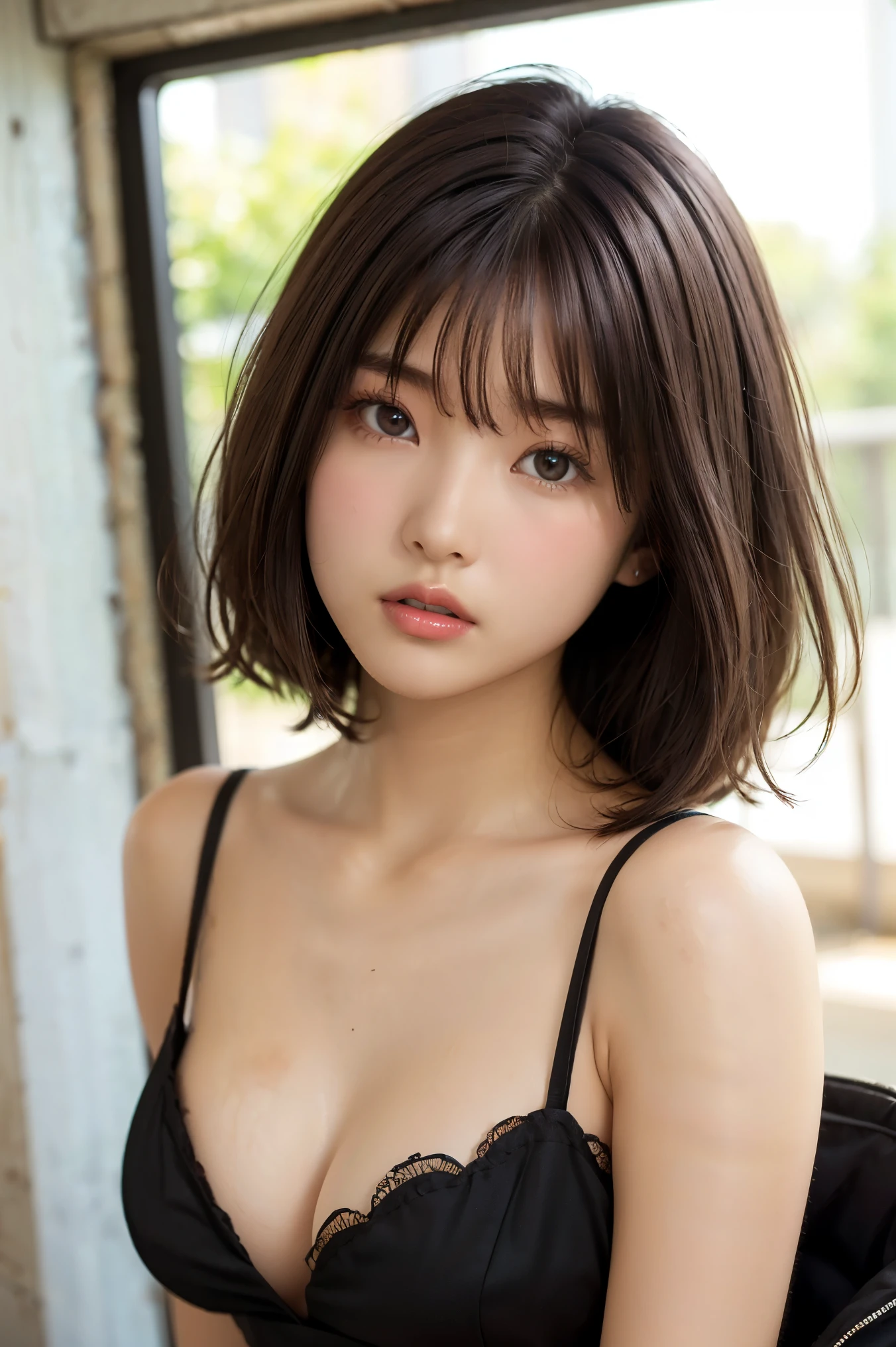 (masterpiece), (8k、Original Work 、high quality:1.2),(realistic:1.37,(perfect anatomy),(give me a close-up picture of a beautiful woman's face:1.8)、woman in black dress:1.6、masterpiece, 最high quality, contrast:1.2)、( dark hair、Dark Eyes:1.8)、Slim Japanese Women,黒い髪, Black Alchemist Clothes, slender body,cute young girl, beautiful teen model , short hair,bob cut、(The background is inside an abandoned rocket:1.6)、inside a spaceship that seems to break even now、There are cracks in the wall、Windows are broken、