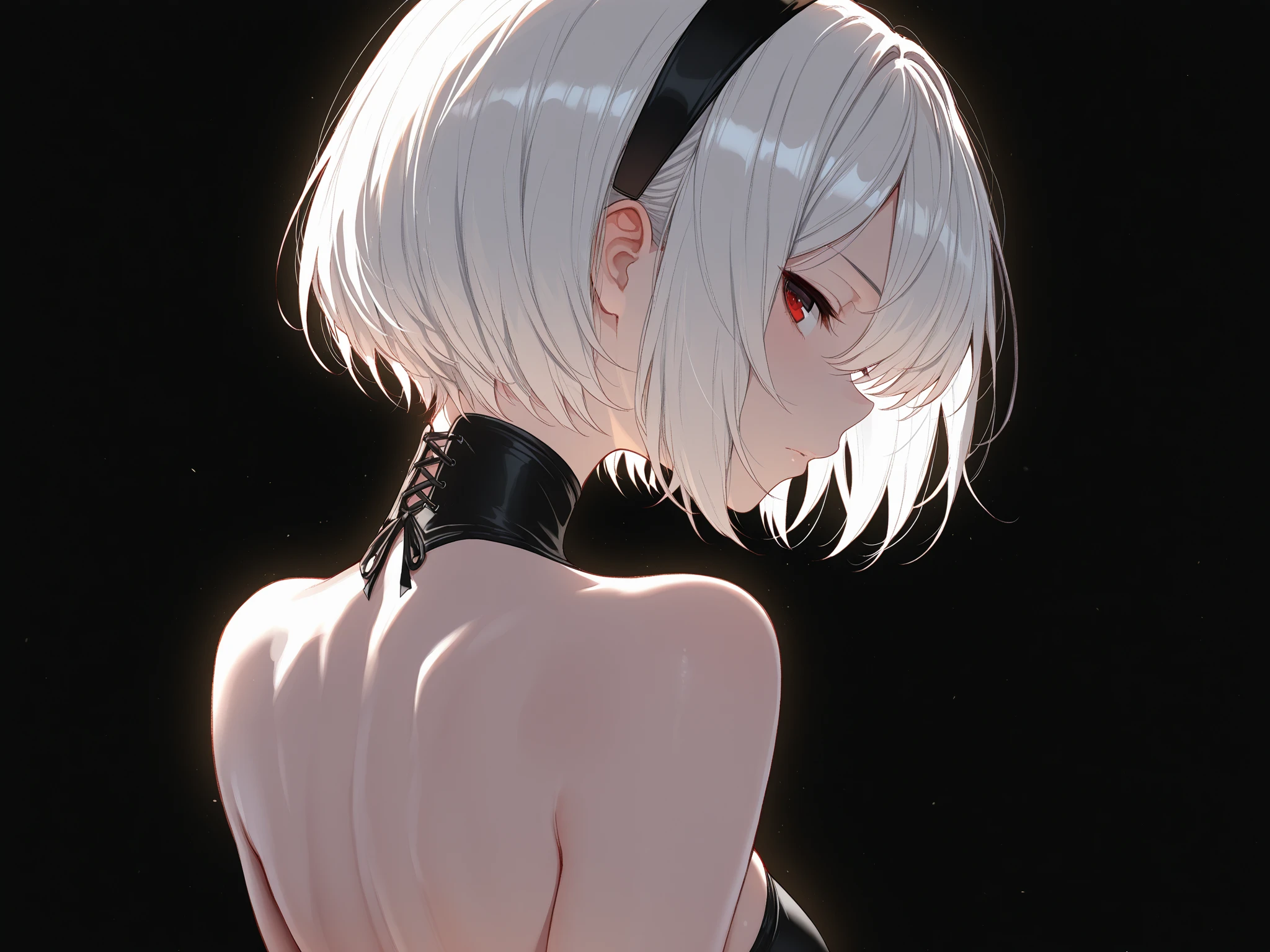 score_9, score_8_up, score_7_up, score_6_up, source_anime, <lora:FMT 0.2v:1>, FMT, 
dark theme,dark background,low light,looking ahead, 1girl,solo, tomboy,adult,tall female,white hair,short hair,bangs,straight hair,grey eyes,pale skin,toned,large breasts,expressionless,high collar,black sweater,long sleeves,harness,from behind,head tilt,looking back, 2b \(nier:automata\),
