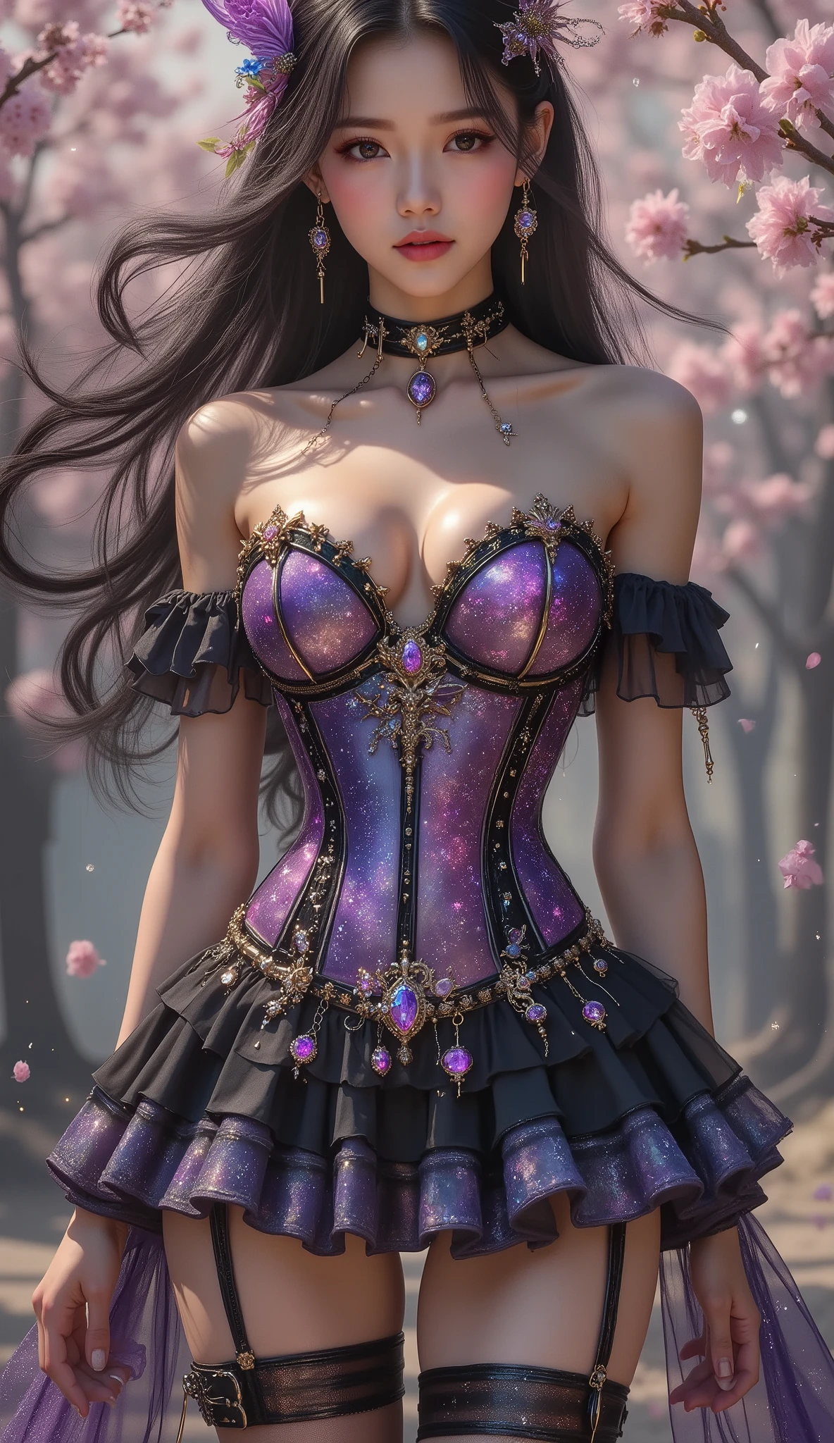 Taken from below, 4K, hyper-detail, hyper-texture of clothing, a 17-year-old young Asian girl with a cute face with a sweet appearance and white skin, a tall body, a slim and small belly, a wide waist, a shiny body, a shiny costume, long and sexy muscular legs, and giant breasts. wearing a strapless transparent V-cut corset with a deep cleavage with a galaxy pattern that reveals her navel, shaped by very tight black diamonds with intricate details, a ruffle micro mini skirt and black nylon stockings with sexy high blue lace with a galaxy pattern, the stockings reach her crotch, she also wears high-heeled stilettos and a high top with straps, purple high heels emit shining light from her feet, reminiscent of a fantasy style. This piece features intricate details, including sparkling blue gemstones and feather-like textures and flashes of blue light that adorn her tight corset. the shiny color of the corset adds to the fantasy feel, while her long black hair flows in waves over her shoulders. Standing in a front chair in a studio shoot with a golden light and falling cherry blossoms in the background, purple gemstone and plant decorations a full body masterpiece, with backlight and shadow under her feet