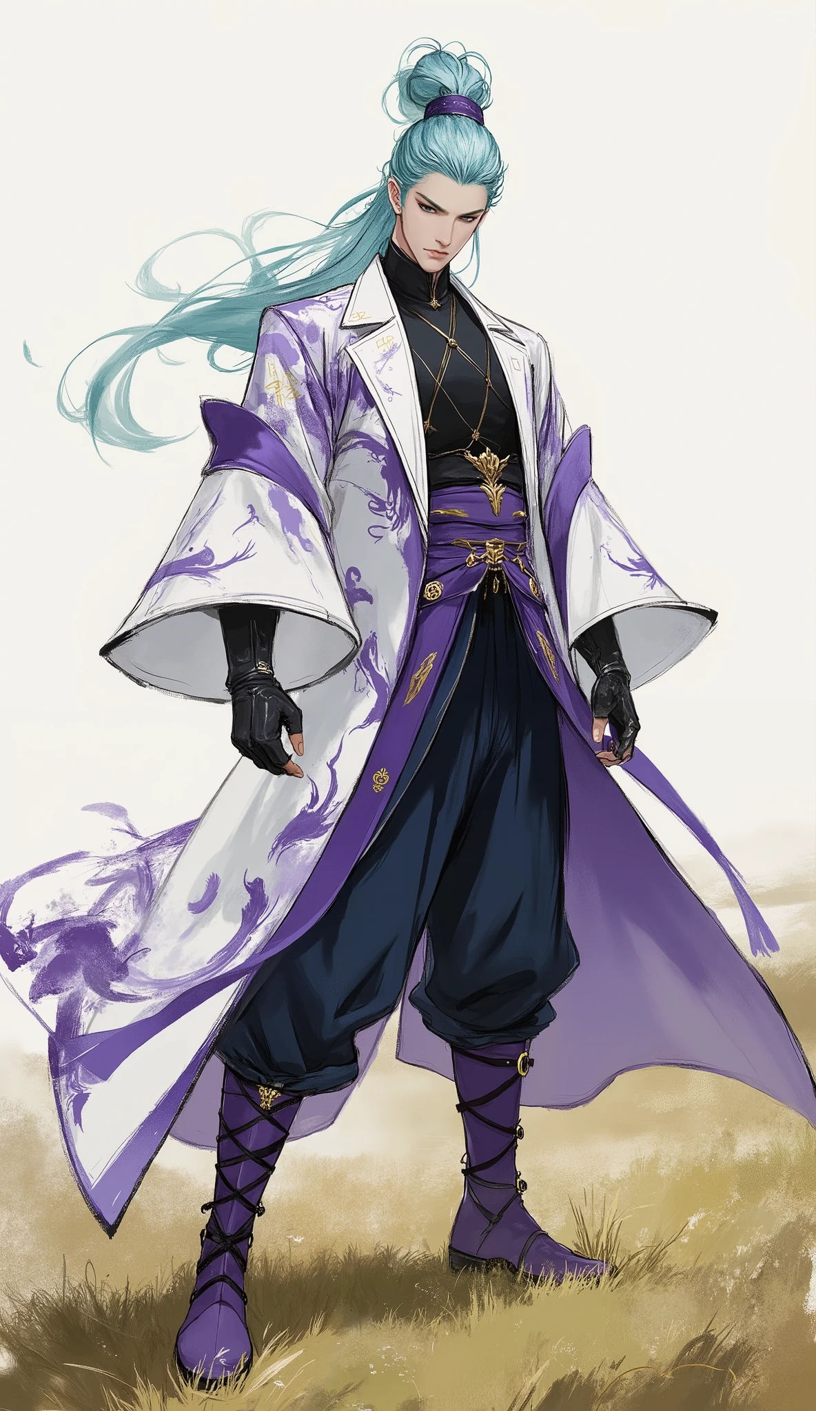 (masterpiece, best quality, ultra-detailed, professional artwork, exquisite and mature anime illustration), dynamic fantasy martial arts (Wuxia) concept art. A full body shot of a handsome young man with a cold and stern temperament and a powerful aura, standing in a vast grassland. He has a slender yet well-defined muscular build, perfect anatomy, perfect hands with five fingers. His face is a sharp oval shape with a chiseled jawline, long sharp eyebrows, and a calm, focused, slightly distant gaze looking to the side. He has waist-length, fluffy, and flowing cyan-blue hair with beautiful, rich layers of light and shadow, with a few strands blowing in the wind.
He is poised in a stable, side-on defensive martial arts stance. He wears a stylish fantasy-style white cross-collared long coat with an asymmetrical hem, adorned with large, intricate purple-blue flame and auspicious cloud patterns. Underneath is a black high-collared tight-fitting shirt, cinched with a wide black belt. He wears dark gauntlet gloves, dark blue loose-fitting trousers, and modern-designed deep purple mid-calf leather boots with multiple straps and gold buckles.
A powerful aura of swirling blue and red energy radiates from his body, his overwhelming presence dominating the surrounding environment. Cinematic lighting, dramatic atmosphere, a strong sense of power and motion.