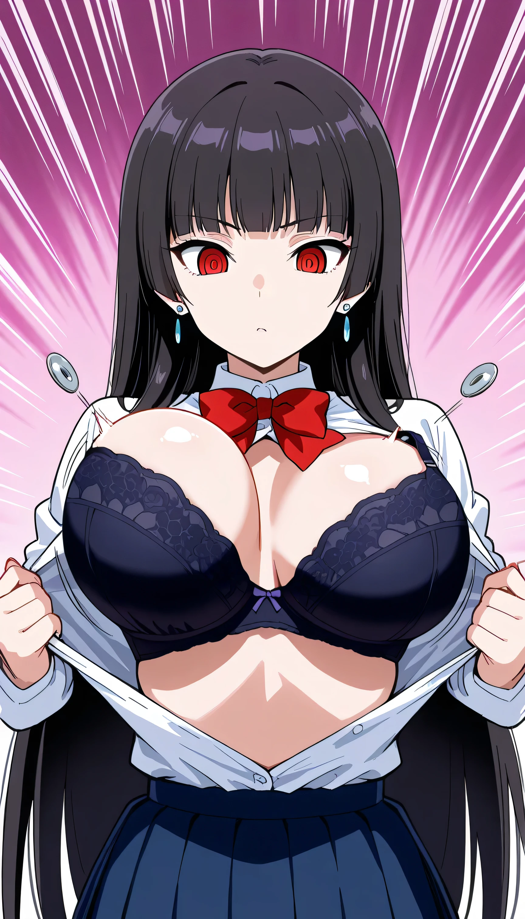 Sana Sunomiya, 1girl, large breasts, long hair, bangs, black hair, red eyes, hime cut, ringed eyes, earrings, large breasts, kogal, very long hair, hair bobbles, school uniform, skirt　undressing,show　bra.shiflybutton, popped button, flying button, bursting breasts, emphasis lines, bra, large breasts, wardrobe malfunction, unaligned breasts, bouncing breasts, open clothes