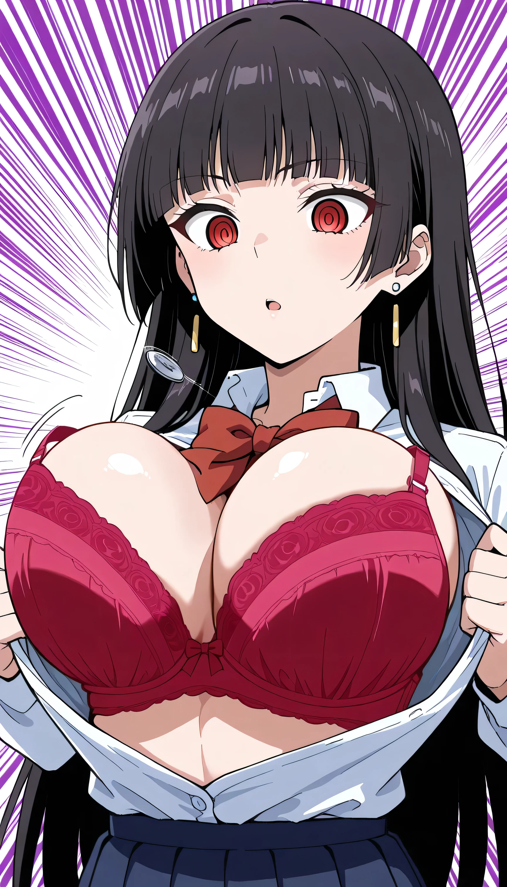 Sana Sunomiya, 1girl, large breasts, long hair, bangs, black hair, red eyes, hime cut, ringed eyes, earrings, large breasts, kogal, very long hair, hair bobbles, school uniform, skirt undressing,show bra.shiflybutton, popped button, flying button, bursting breasts, emphasis lines, bra, large breasts, wardrobe malfunction, unaligned breasts, bouncing breasts, open clothes