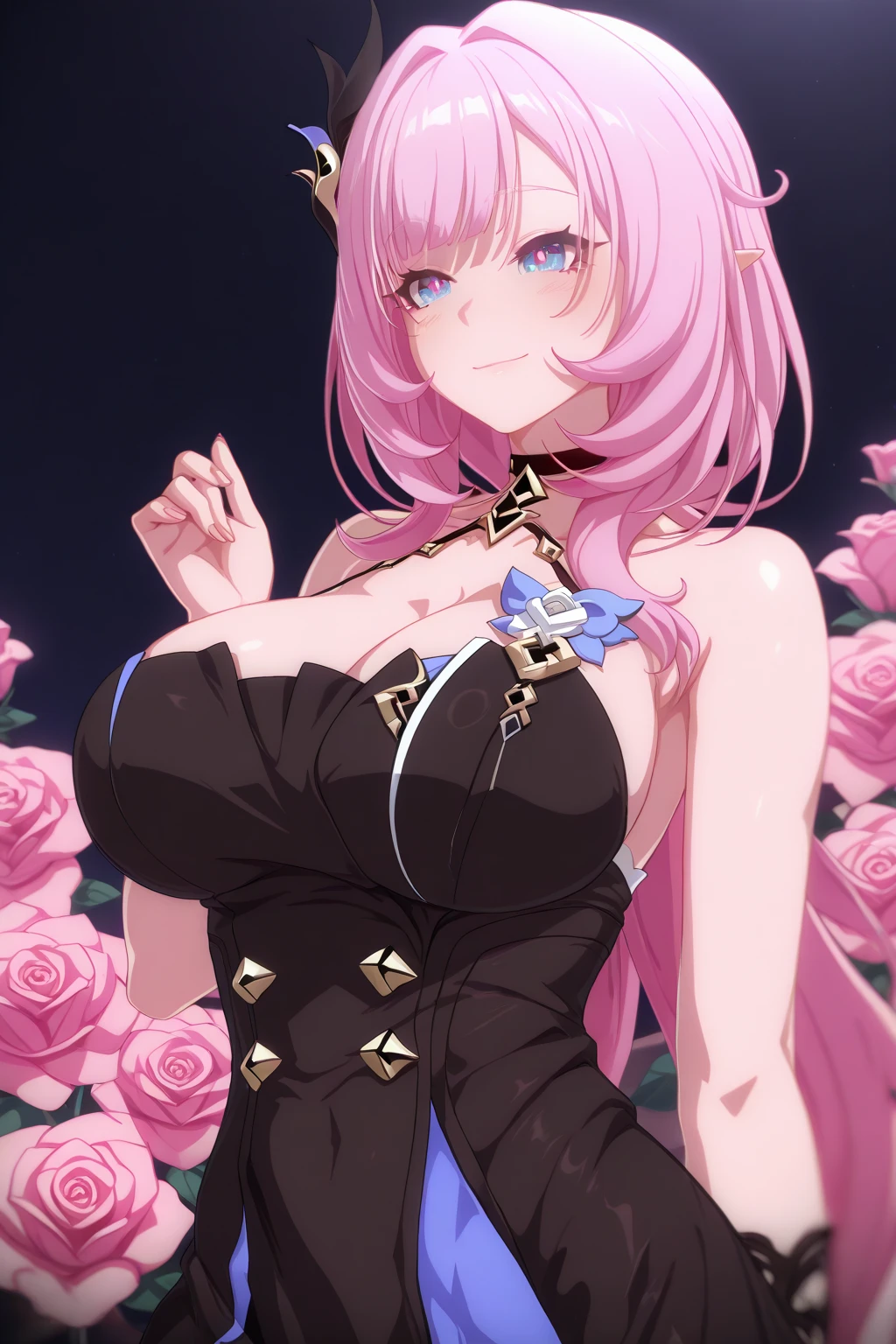32k, 1 Girl, Solitary, Long hair, Looking at the audience, Smile, Bangs, skirt, Hair between the eyes, Jewelry,  Shut up, Purple Eyes, Upper Body, Pink Hair, Short sleeve, earrings, outdoor, sky空, sky, cloud, black skirt, blue sky空,Extra large breasts，Cleavage，Big breasts，
