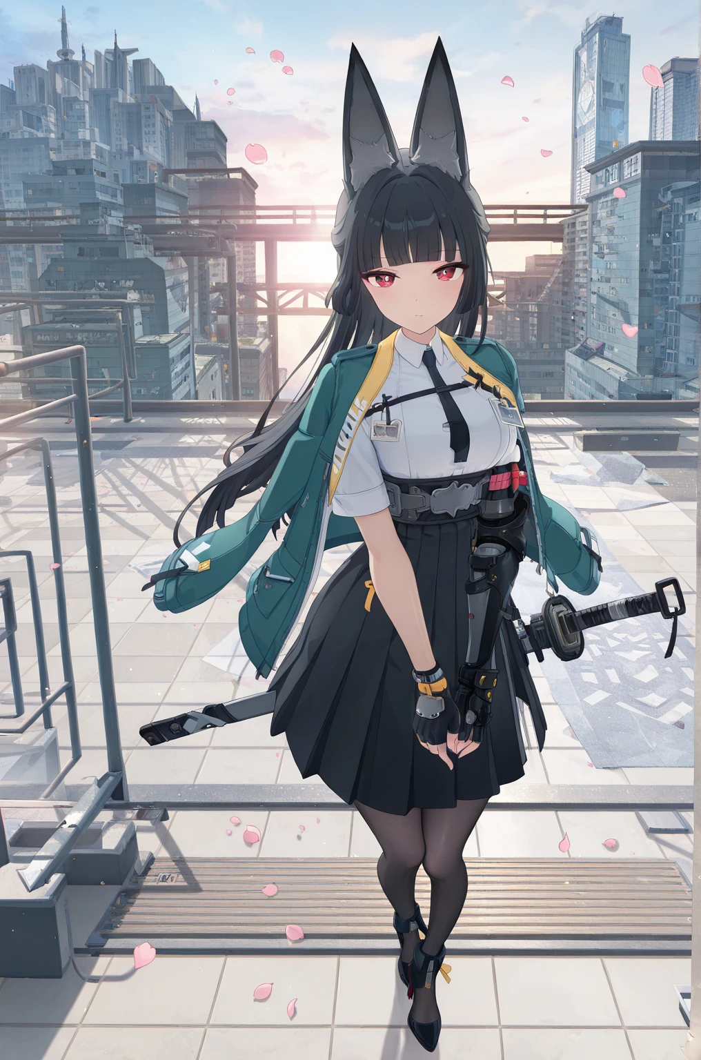((city background)),original,(illustration:1.1),(best quality),(masterpiece:1.1),(extremely detailed CG unity 8k wallpaper:1.1), (colorful:0.9),(mid shot:0.95),(highly detailed beautiful face and body),(solo:1.2), (girl),(), (detailed beautiful eyes:1.15), (beautiful face:1.15), (glowing red eyes:1.25////),((jewel-like eyes)),(petite),(cute girl),(((black medium hair))),pink inner color,((blunt bangs,)),(+perfect hand+:1.21),(Religious),(slender),(black clothes),small ,,slim body,(smile),fashion,tokyo,harajuku,(black school uniform),