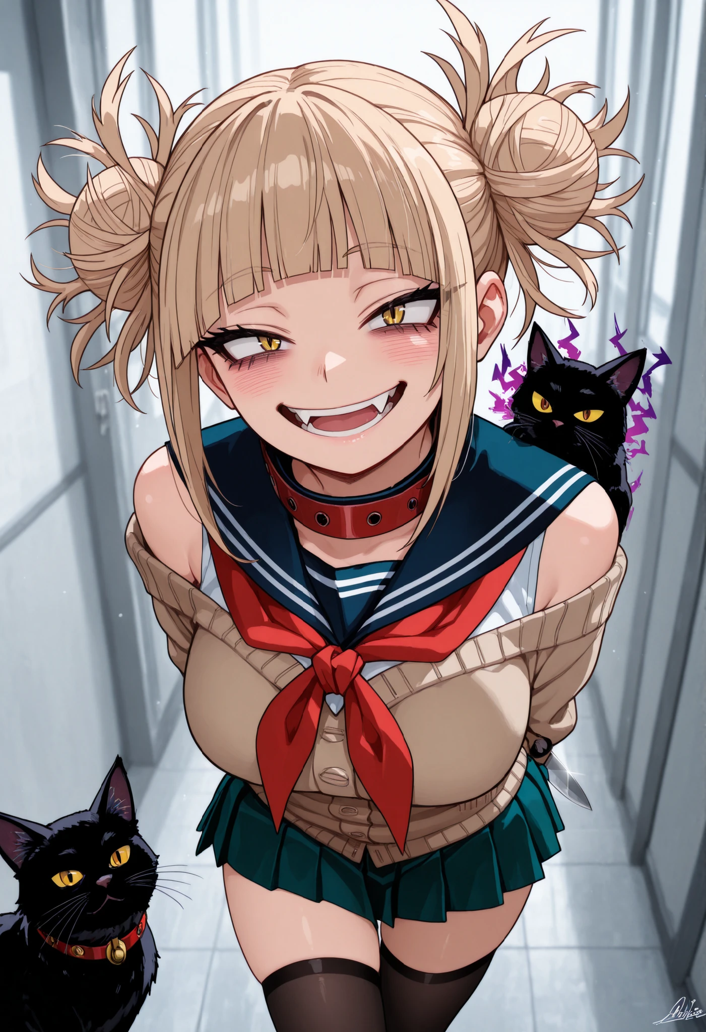 masterpiece, high quality, best quality, Toga Himiko from My Hero Academia, intense yellow eyes with distinctive slit pupils like a cat, noticeable dark bags under eyes giving unhinged appearance, blonde messy hair with prominent sidelocks framing face, perfect blunt bangs across forehead, narrowed predatory eyes with calculating expression, signature double bun hairstyle with messy strands escaping, oversized brown cardigan hanging loosely off shoulders, authentic blue serafuku (sailor uniform) with detailed collar, vibrant red neckerchief tied perfectly, short blue pleated miniskirt with detailed fabric folds, thigh-high black socks creating zettai ryouiki, practical brown school shoes,  pose with knife hidden behind back, signature evil smile with visible fang, anime art style with perfect line work, dynamic lighting enhancing menacing aura