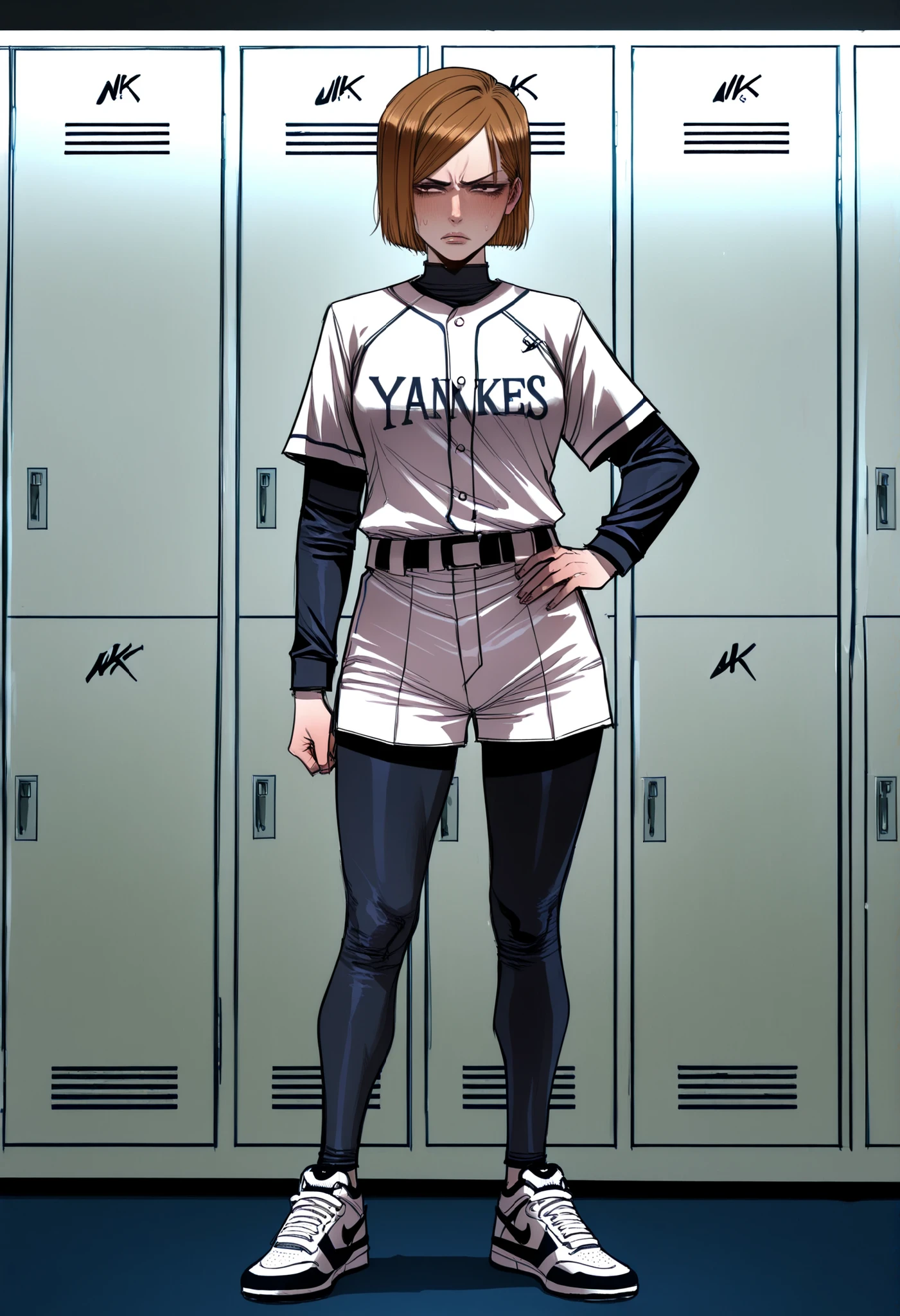 Full view of Nobara, 1 girl, Nobara Kugisaki, brown hair, baseball team uniform, white uniform, white New York Yankees button shirt, black long sleeve tee beneath baseball shirt, belt, baseball uniform shorts, white shorts, black leggings beneath, Nike Shoes, Nike Air Max Dn, Nobara standing and cocking her hip to the side, one of her hand on her , skeptical face expression, locker room scenario, realistic position, realistic bodies, realistic actions, Ratatatat74 artstyle, official Ratatatat74 art, detailed scene composition, realistic visual, high quality visual,  inspired,