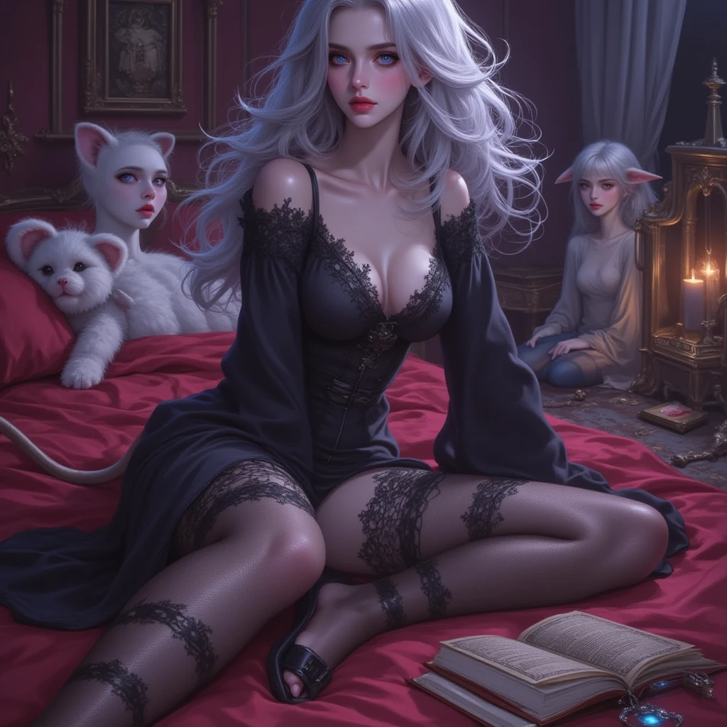 [Artwork of exceptional craftsmanship],(Detailed illustrations,Art based on extremely ideal ???????,Very detailed and detailed drawing,Delicate lines with slow and rapid,Realistic texture expression),[[Color tressed main line]],[Midnight Ruins [Background of stone castle leaking moonlight]] full moon,Vampire Girl Japanese Beauty [[Beautiful but sickly face Sunken eyes]] Skinny 13 years old [Delicate and bony figure] ???? leg [[Straight cropped bangs]] Beautiful straight long hair [black cat],[Beautiful skin shining on the moon [pale skin]],Cloak of Darkness [Ribbon lace embroidery],[[Ephemeral Melancholy]] [[[moon light]]] gravure [sitting] [[tindal effect]],[[Dark Fantasy]],(Perfectly proportioned:0.9),[[Fine and beautiful skin expression [Transparency]]],[Design built to the highest level,[[Advanced structural understanding of materials]],[Ideal color coordination]],[[Intricate and beautiful decoration]] [[Dense detail]],[More on shiny hair],[[Perfect hand details]],[Beautiful perfect face [Realistic face details:0.5]],[[Clear gaze]],[[long and beautiful eyelashes:0.4]],[[Perfect eye details [Eyes beautifully drawn down to the smallest detail]]],[[detailded,high-detail]],([Precision Detail],[[multi-layer texture]],HighQuality,a highres),[[Accurate simulation of light-material interactions,Understanding Airflow,Mechanically correct representation]],[[Visual art that conveys a sense of narrative]].