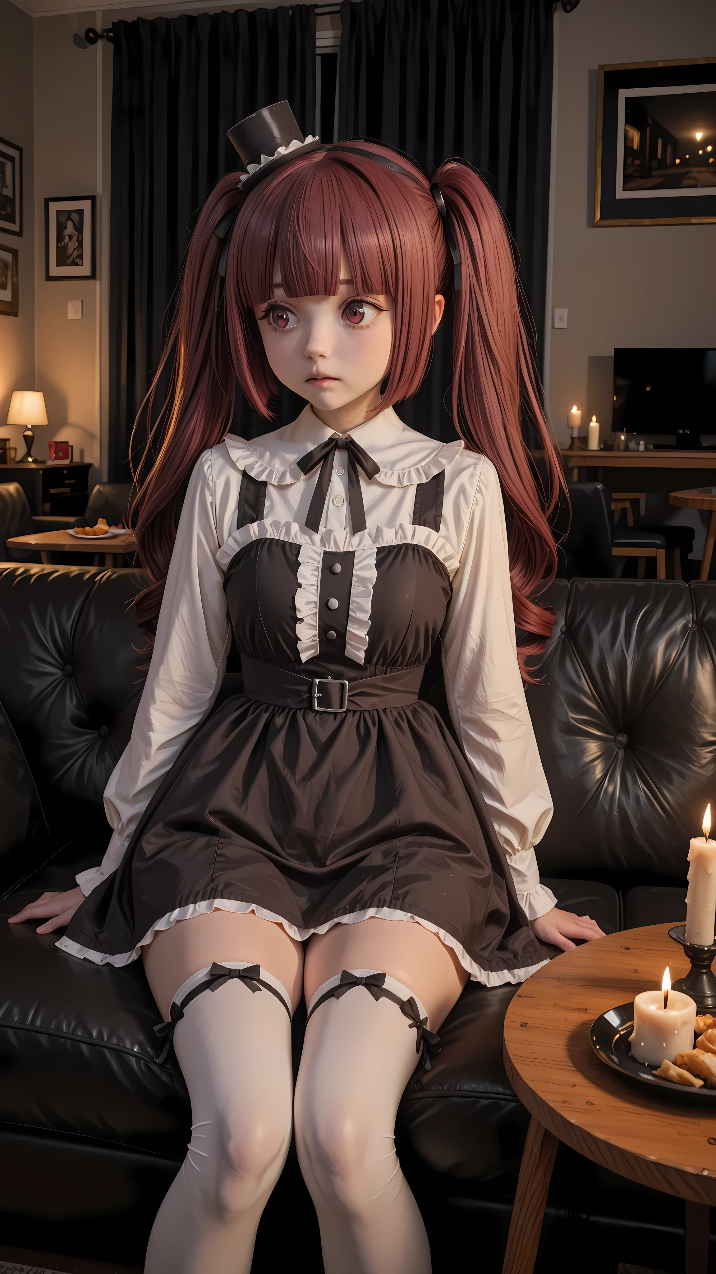Hanazono Yurine, short dress, thighs, white stockings, a girl, inside a room, dining area, sofa, sitting on the sofa, table, candle on the table, candle light in a pitch-black room, power outage, cowboy shot