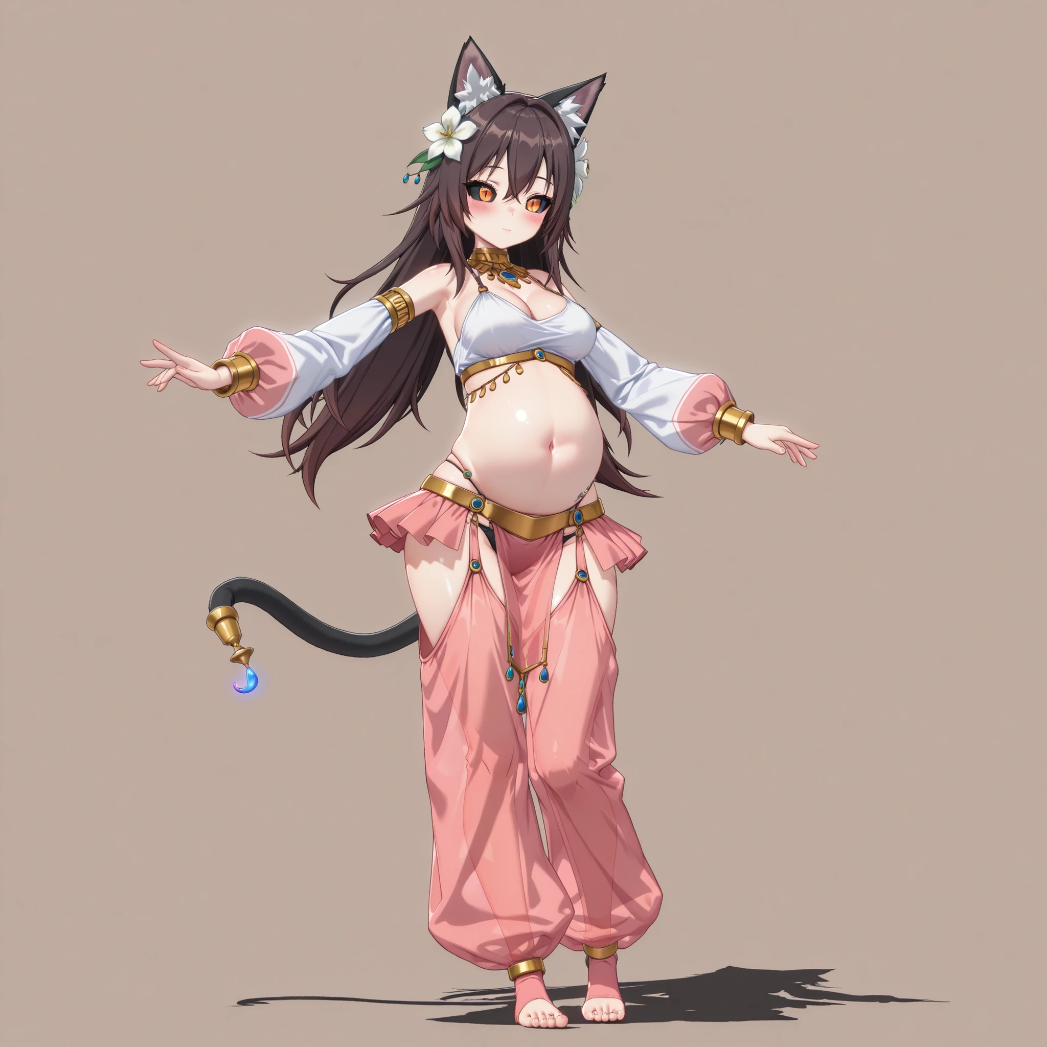 (1girl, solo, cat girl, dark brown hair, long hair, hair between eyes, hair flower, orange eyes, dark sclera, cleavage, medium breasts, midriff, navel, big belly, wide hips, harem genie outfit, long sleeves, sexy top, tiny panties, pelvic curtain, mini skirt, harem chaps, baggy loose oversized harem chaps, toeless socks, body jewelry, standing, dancing, blush, pleasure, stylish, graceful, charming, cute, full body, beautiful environment, gothicstyle, biyōjo, moe, 3d, zzzpony, beautiful aesthetic, simple background, masterpiece, best quality)