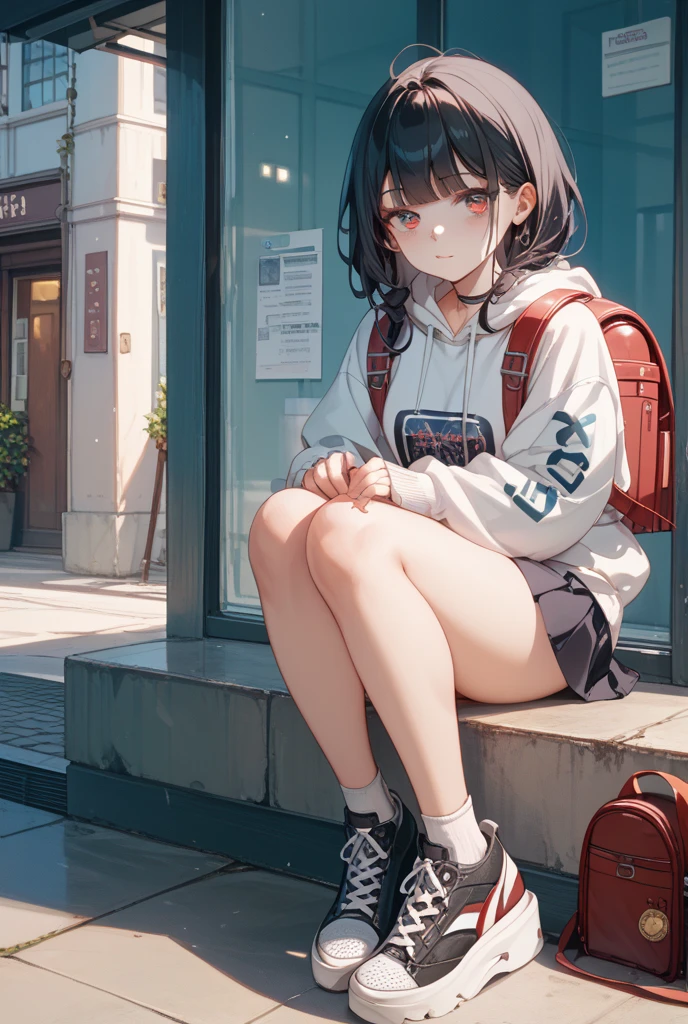 1girl with long hair and dress, 1 girl is taking to lavatory, long sleeves, black glasses, barefoot, looking at viewer,  standing,  embarrassed, shorts, blush, Keep one's mouth shut,  street (girl is peeing self:0.395)