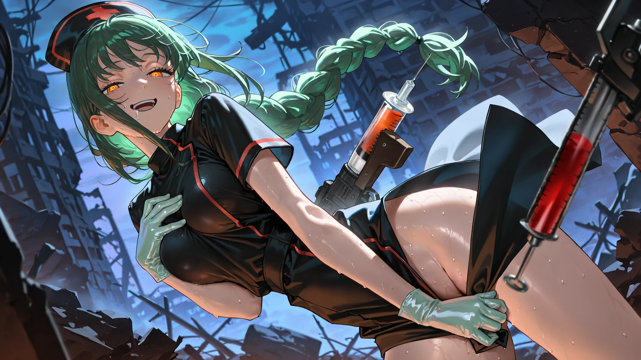 ((masterpiece,Highest quality:1.3)),cowboy shot,1woman、30 year old beauty、Investigator、独奏,(very small head:1.3),green hair,(low ponytail),long hair,blunt bangs,green eyes,gorgeous eyes,anger、open mouth,drooling,medium breasts,(very long body:1.2),(toned body,slender body,skinny),gleaming skin,shiny skin,oily skin,((Injury:1.4)),naked,nipples,navel、vagina,(A precisely rendered handgun in one hand)、(((Firing stance、Shoot a gun))),((The repelled mechanical tentacles are torn apart))、Inside an abandoned building、rubble、World of Blade Runner、nsfw,