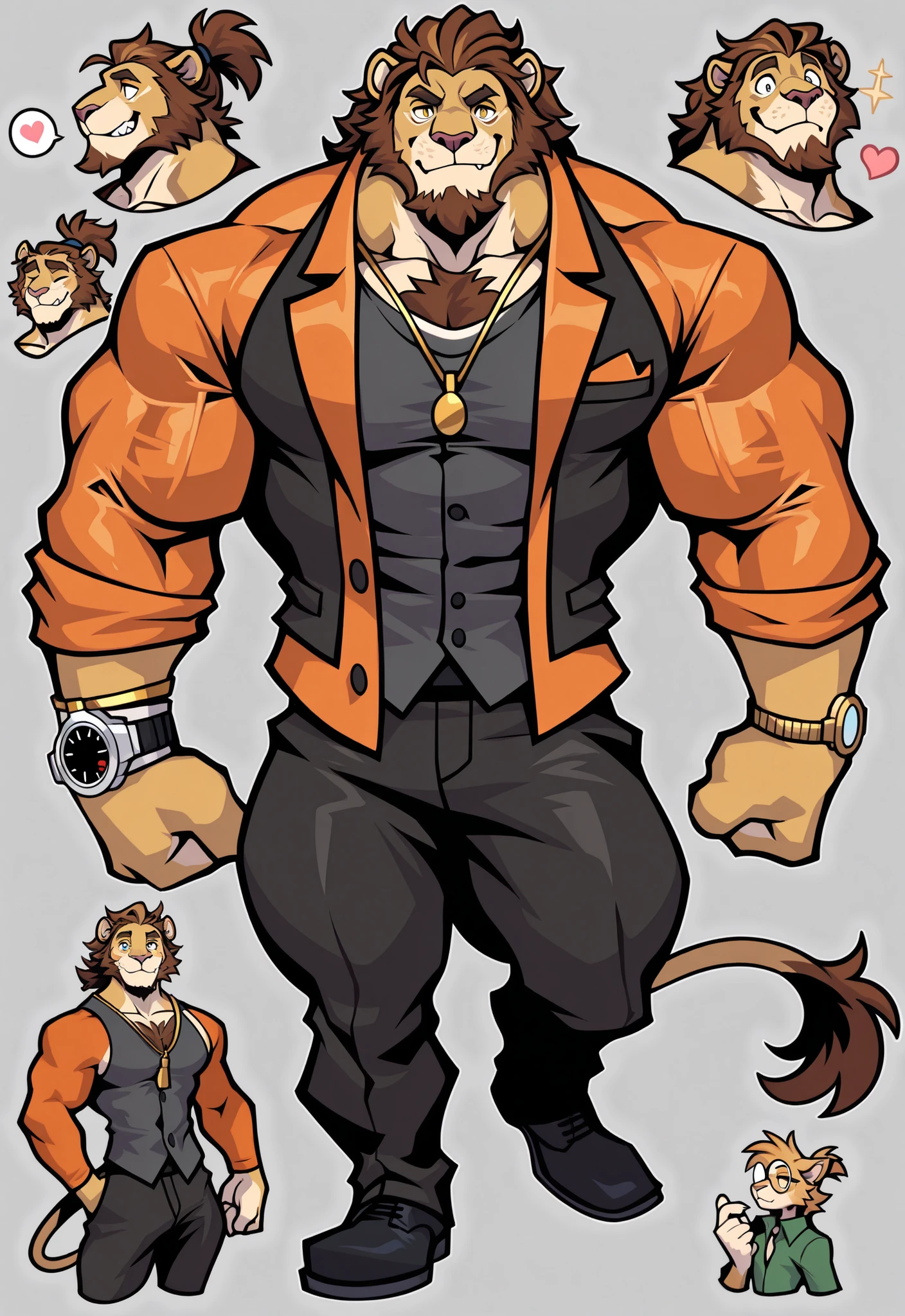 Experienced furry character reference sheet adoptable for Cornelius, masterpiece , modern day alternate universe, no background, full body, multiple views , best quality , masterpiece , masculine , character sheet , dungeon & dragons , visual novel , featured on Pinterest , dynamic. Cornelius is the friendly neighborhood dream daddy, an anthro lion man himbo fresh from the gym! A big dumb hunky jock coach lion! Muscular, confident, amazing personality, everyone's dad, friendly expression, brute posture, best Quality, high quality, ultra high resolution, Exquisite Face, handsome, , muscles, hair, abdominal muscles, null-ghost,Takemoto Arashi, . Score_9_up ,Score_8_up ,Score_7_up ,Score_6_up, best quality, masterpiece, ((Cornelius is a middle-aged medium anthro muscular brown and tawny lion man with slick hairstyle and a ponytail, posh attitude, lion, gentleman, male, furry, strong jawline, stud, perfect lion face, perfect hands, 5 fingers, no defects, smile, lion ears, royalty, no markings, no watermark, feline, has brown hair, clean shaven goatee, masterpiece, best quality, Broad shoulders, wears tiny round glasses, high details, perfect eyes, award winning, highres, HD, 16k, fancy watch.