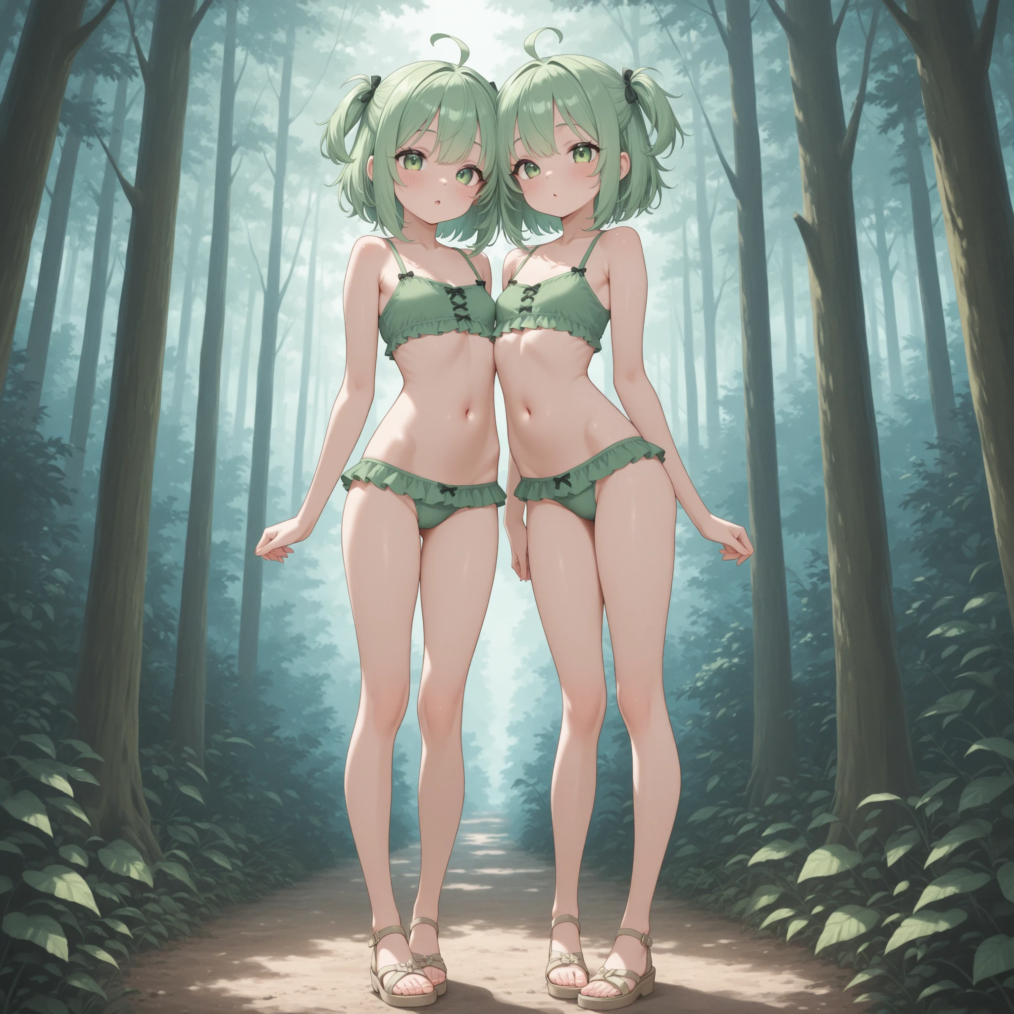 Long Hair, chest, View your viewers, blush, smile, Open your mouth, bangs, blue eyes, 大きなchest, Knee socks, gloves, ribbon, belly button, chestの谷間,   swimsuit, whole body, Gray Hair, 巨大なchest， (巨大なchest: 1.8), Green Hair, horn, Pointed Ears, Blunt bangs, Raise your arms, (１People Women),  (Eyepatch bikini bottoms only), ( ), (（White tiny ）), wave hands