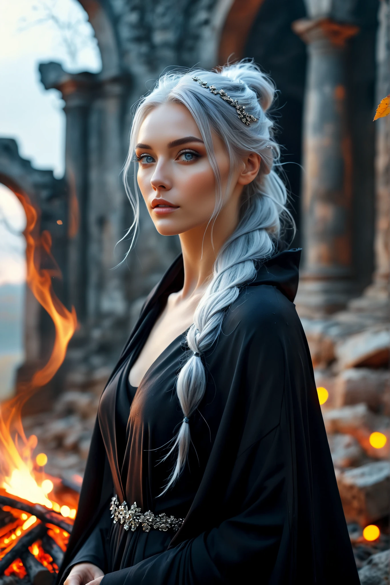 an young beautiful Ukrainian woman with silver hair, ponytail, bluegray eyes, black robe and dark cloak, fantasy, autumn lights, (8k, best quality, masterpiece:1.2), best quality, ultra highres, extremely luminous bright design, pastel colors, by Agnes Cecile, 3d render, ancient ruin, campfire, landscape