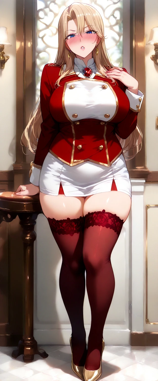 ((1beautiful girl)),,(((Silvery hair))),(((Braids２Book hairstyles))),(((Middle bangs))),(((put out one's forehead))),(((Golden Eyes))),(​masterpiece)), (((drooing eyes))),((top-quality)),((Vivid light and shadow depiction)), (The ultra-detailliert), ((kawaii)), cute little, (Detailed body line depiction), ((detailed face depiction)),((ighly detailed)),  (8K), top-quality, (Beautiful fece),(((World-class quality))), ighly detailed, hight resolution,(((独奏))),(((thick eyebrow))).((((shinny hair)))),(((White and beautiful skin))),(((small udder))),(((Bold poses))),(((Bright smile))),(((red blush))),(((composition seen from below))),(((In a dark room))),(((looking-down))),(((Looking up from your feet))),(((Gray military uniform))),(((tight skirts))),(((Black Knee High Socks))),(((white panty))),(((Pose on Salute)))