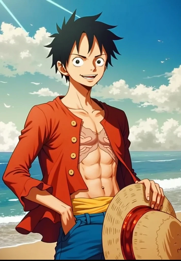 ((Masterpiece: 1.4, highest quality)), ((Masterpiece, highest quality)), (Photoreal: 1.4), Monkey D. Luffy, Eiichiro Oda, 1boy, (Straw hat: 1.2), shorts, (scar under left eye: 1.5), scar on , slender, muscular, smiling, black hair, black eyes, on board, sea, blue sky, clouds, barrel, seagull, professional lighting, Physically Based Rendering
