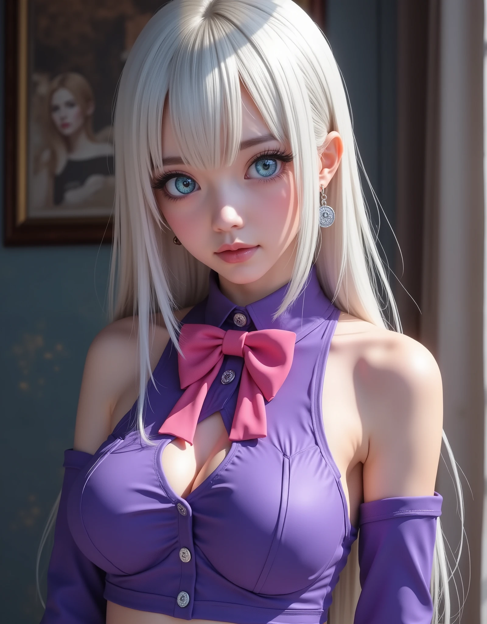 full-body portrait (hyperrealistic) by Elizabeth Liones Nanatsu no Taizai,white hair,ultra-detailed eyes with ((heterochromia)) yellow gold and blue,emphasized bust,su atuendo es una camisa sin mangas ajustada de color morado dark con botones en color blanco,wears aa (pink bow tie),(perfect anatomy),He wears his ((bare shoulders)),su mano izquierda wears aa (tight purple sleeve) dark,that contrasts with her (naked right hand),she wears an asymmetric white miniskirt,revealing their legs,which are accented with a single black thigh-high stocking on his right leg,that contrast sharply with his bare left leg,wears a (white shoe) on his right foot and one (color black) on his left foot,(RAW photo),(photorealistic),(Masterpiece),(high quality),(definition 8k ),(ultra detailed),estilo hyperrealistic,fantasy background,cinematic lighting