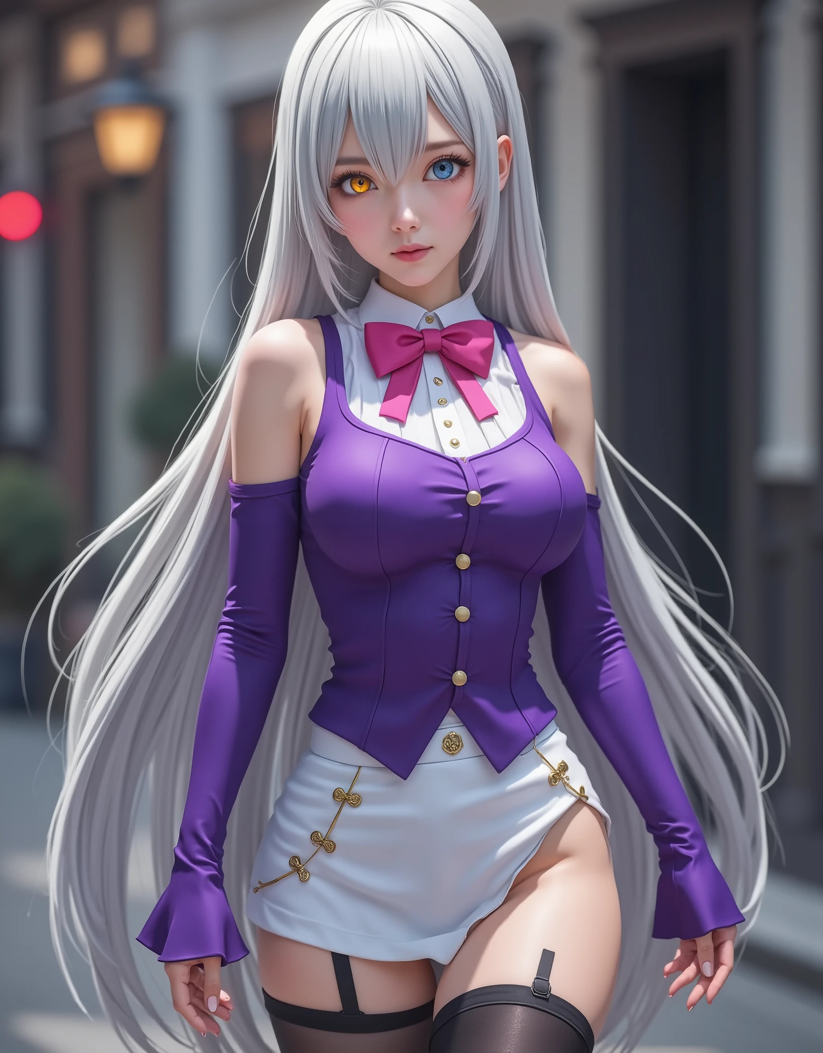 full-body portrait (hyperrealistic) by Elizabeth Liones Nanatsu no Taizai,white hair,ultra-detailed eyes with ((heterochromia)) yellow gold and blue,emphasized bust,su atuendo es una camisa sin mangas ajustada de color morado dark con botones en color blanco,wears aa (pink bow tie),(perfect anatomy),He wears his ((bare shoulders)),su mano izquierda wears aa (tight purple sleeve) dark,that contrasts with her (naked right hand),she wears an asymmetric white miniskirt,revealing their legs,which are accented with a single black thigh-high stocking on his right leg,that contrast sharply with his bare left leg,wears a (white shoe) on his right foot and one (color black) on his left foot,(RAW photo),(photorealistic),(Masterpiece),(high quality),(definition 8k ),(ultra detailed),estilo hyperrealistic,fantasy background,cinematic lighting