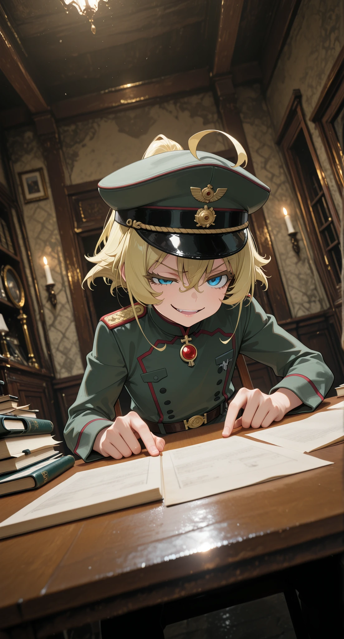 tanya degurechaff, short hair, blue eyes, blonde hair, hair between eyes, ahoge, Alone, High Resolution, Masterpiece, Anatomically Correct,High Details, Super Detailed, High Quality, Action, BREAK brightening, determined, Dramatic Lighting, Chiaroscuro, Evocative Depth, shallow depth of field, dynamic angle, eyesHD, cute girl, o, (blonde hair, short hair, hairs between eyes), blue eyes, smile, open mouth, military cap,Medieval office
BREAK
BREAK
Office, desk, studying, documents,
masterpiece, best quality, ultra detailed 8k, (perfect , perfect fingers, perfect hands), gesugao, parted lips, evil smile,half closed eye
, volumetric lighting, dynamic angle, epic composition, epic proportion, realistic background, photo background,
, masterpiece,best quality,amazing quality,very aesthetic,absurdres,newest,detailed background, detailed environment,